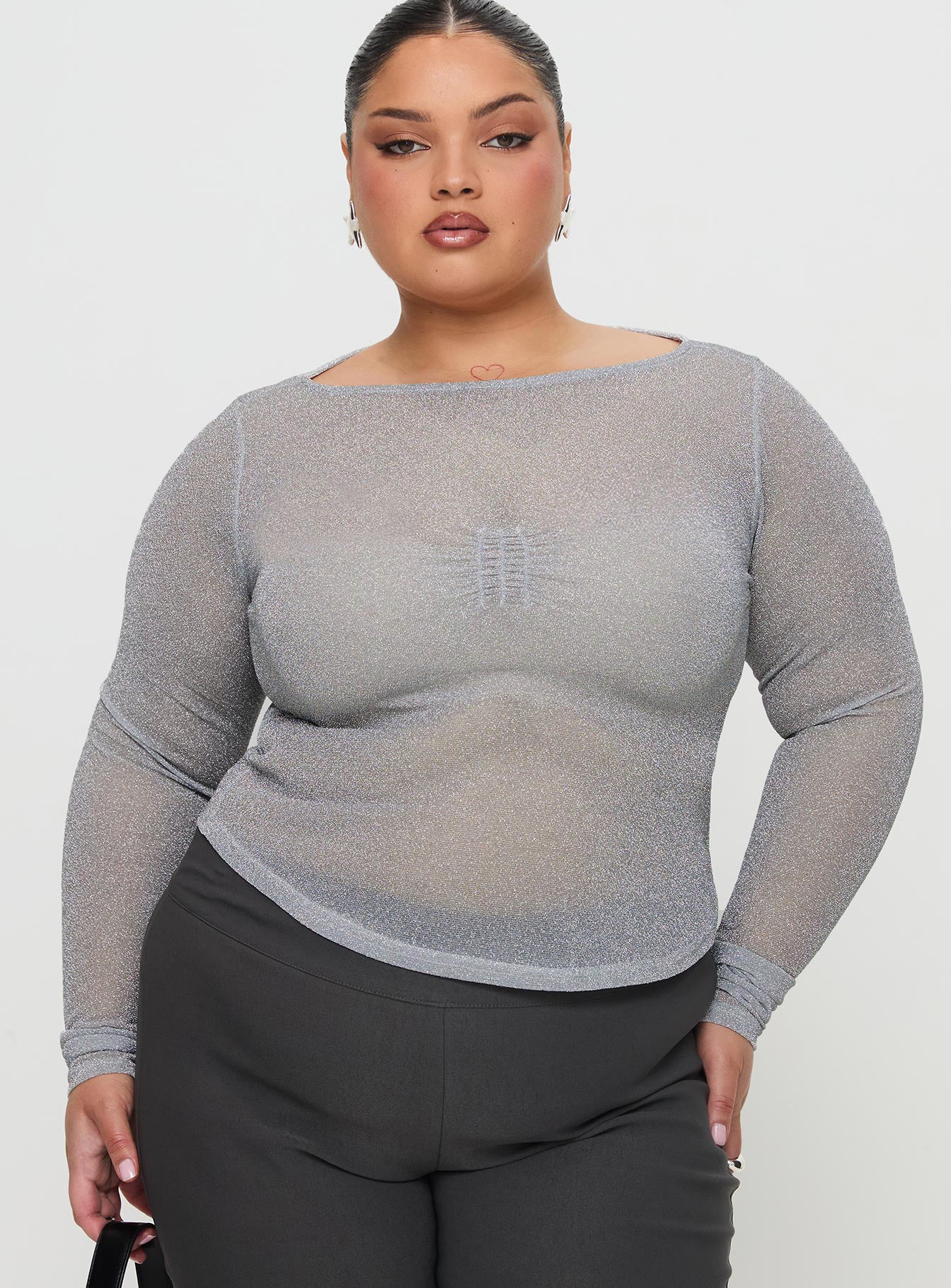 Crystal Clear Long Sleeve Mesh Top Silver