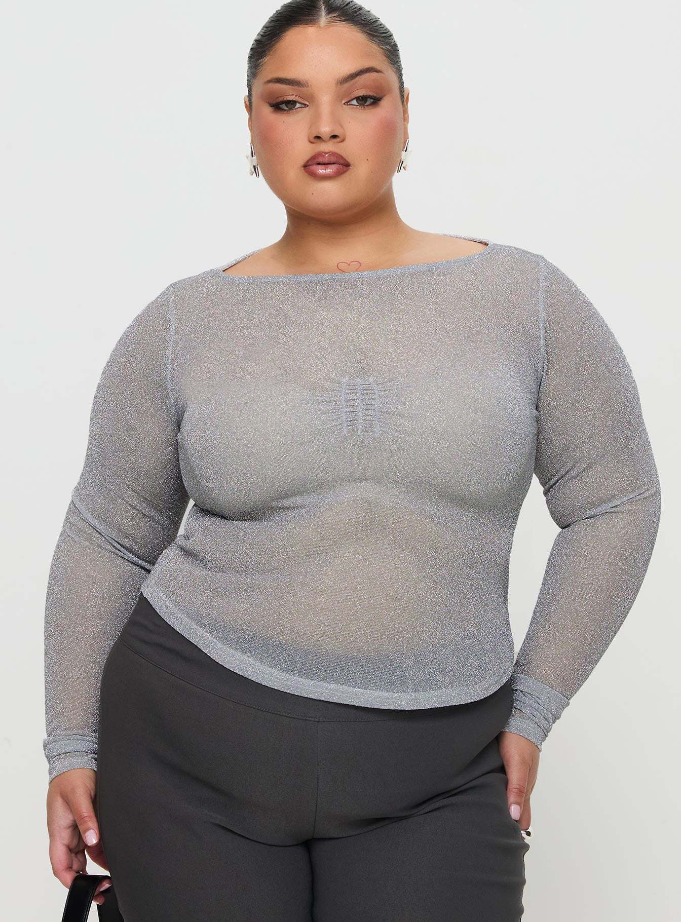Crystal Clear Long Sleeve Mesh Top Silver