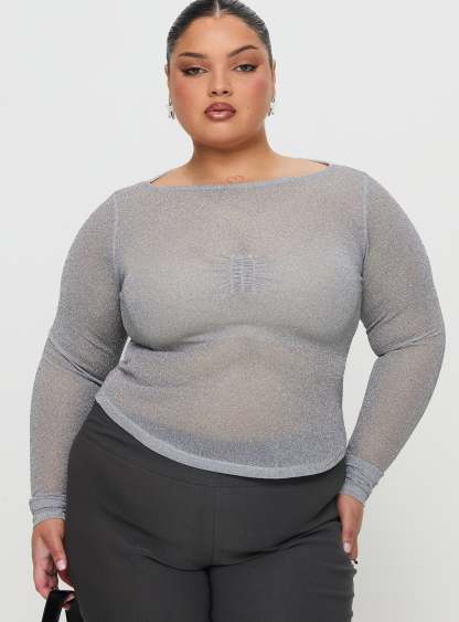 Crystal Clear Long Sleeve Mesh Top Silver