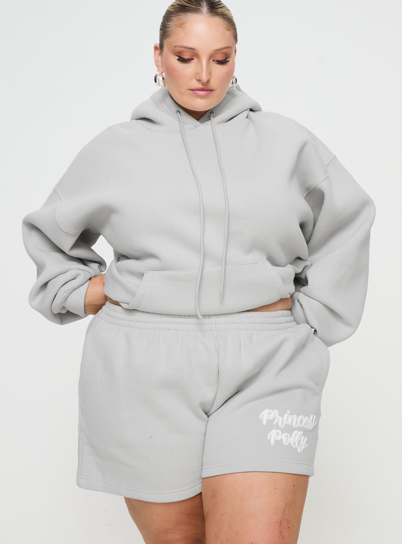 Princess Polly Track Shorts Puff Text Grey Curve