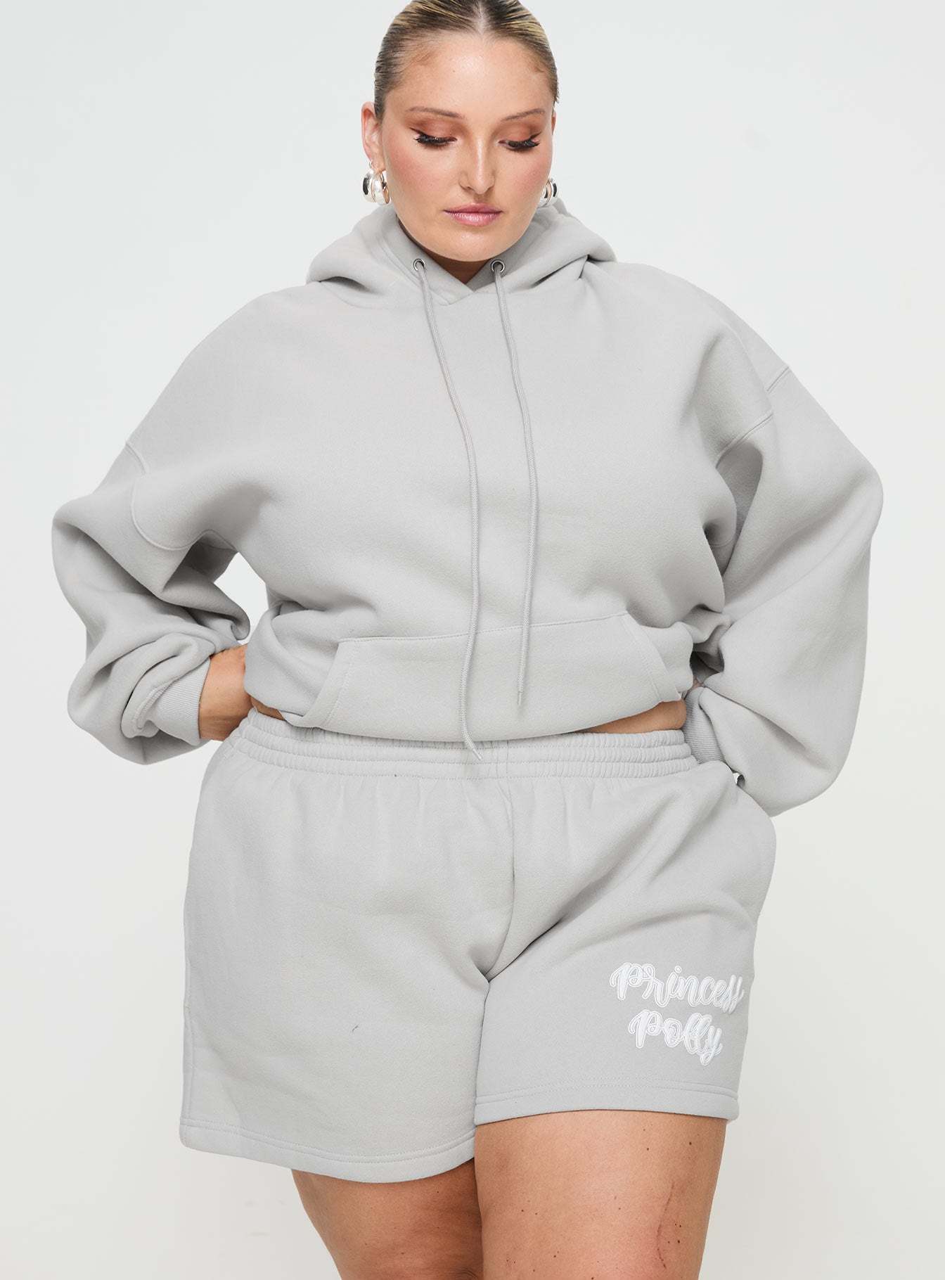 Princess Polly Track Shorts Puff Text Grey Curve