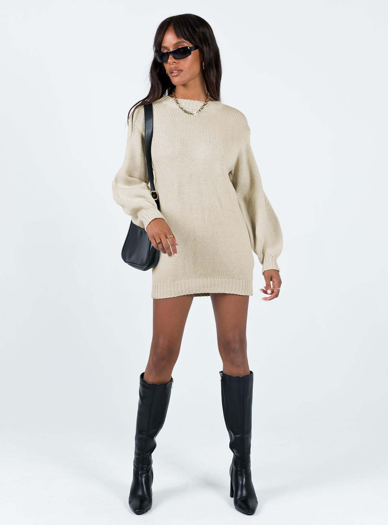 Harmony Balloon Sleeve Knit Mini Dress Beige