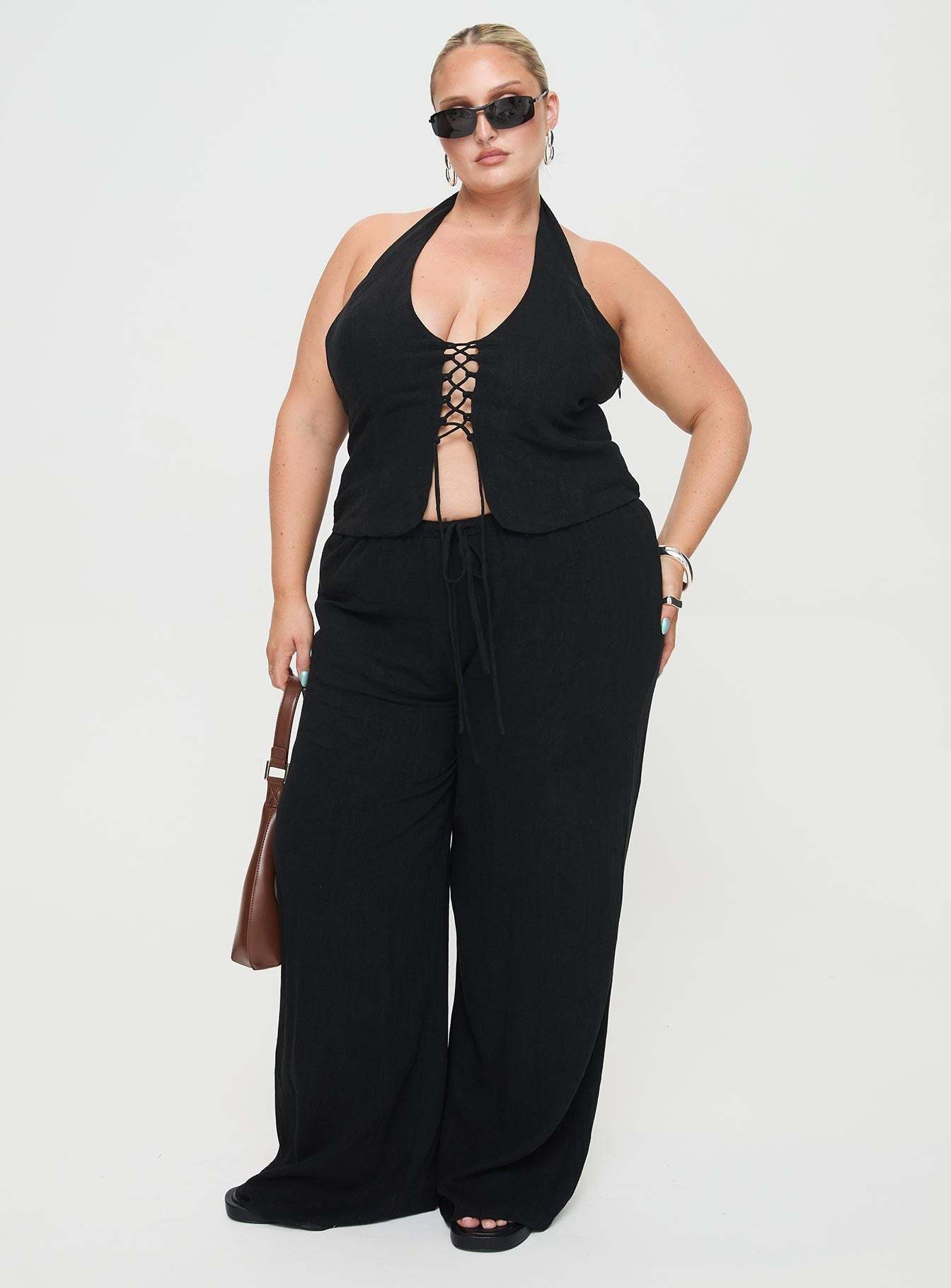 Clouded Linen Blend Vest Top Black Curve