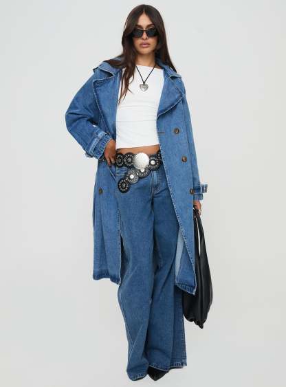 Honeyed Denim Trench Coat Mid Wash