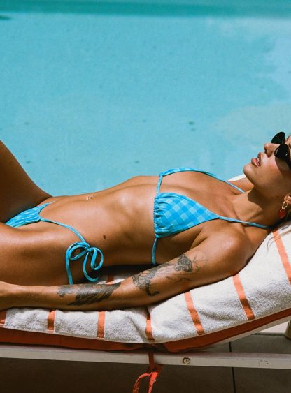 Jenner Tie Side Ruched Bikini Bottom Blue Check