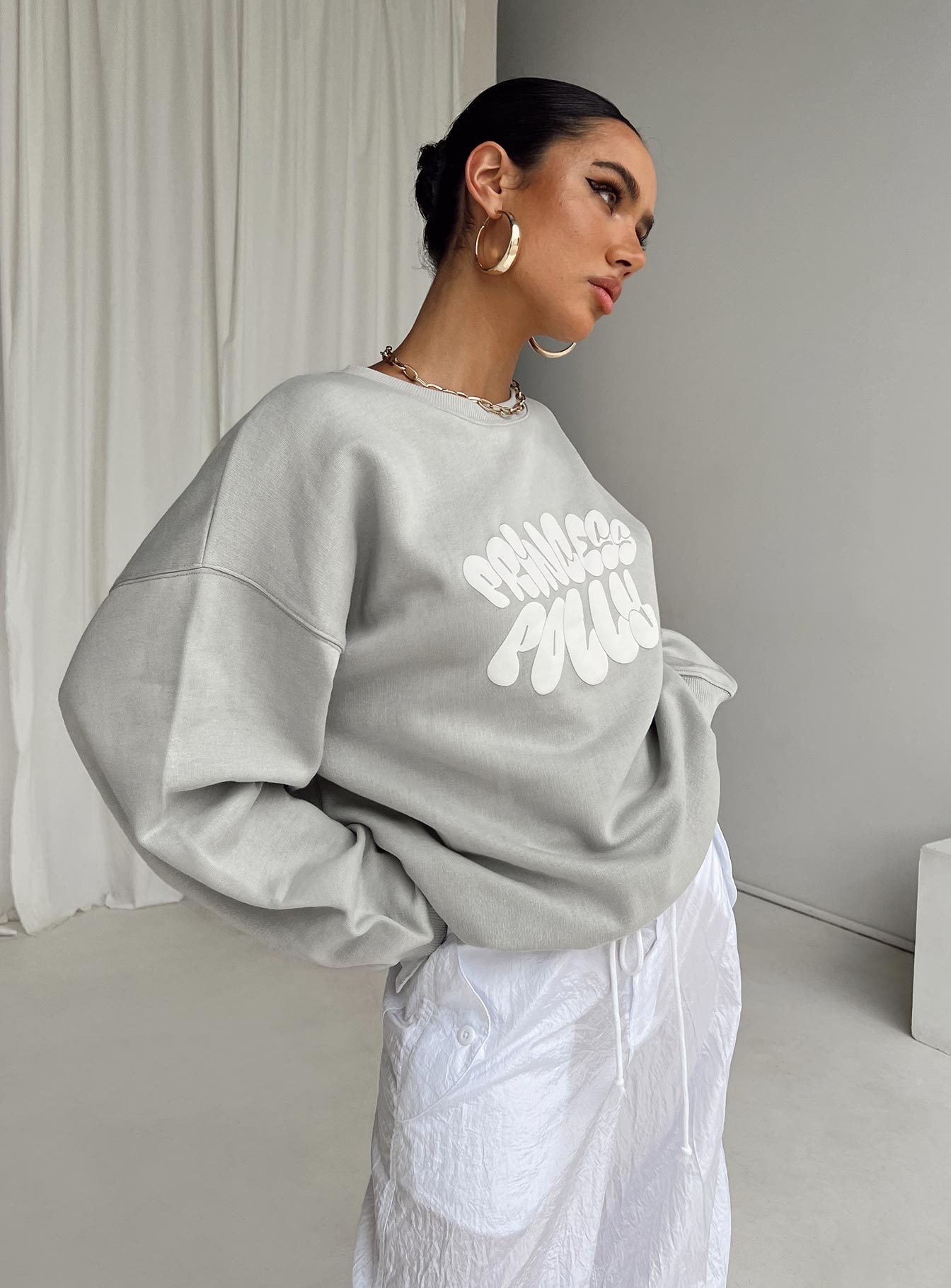 Princess Polly Crew Neck Sweatshirt Bubble Text Grey / Cloud White