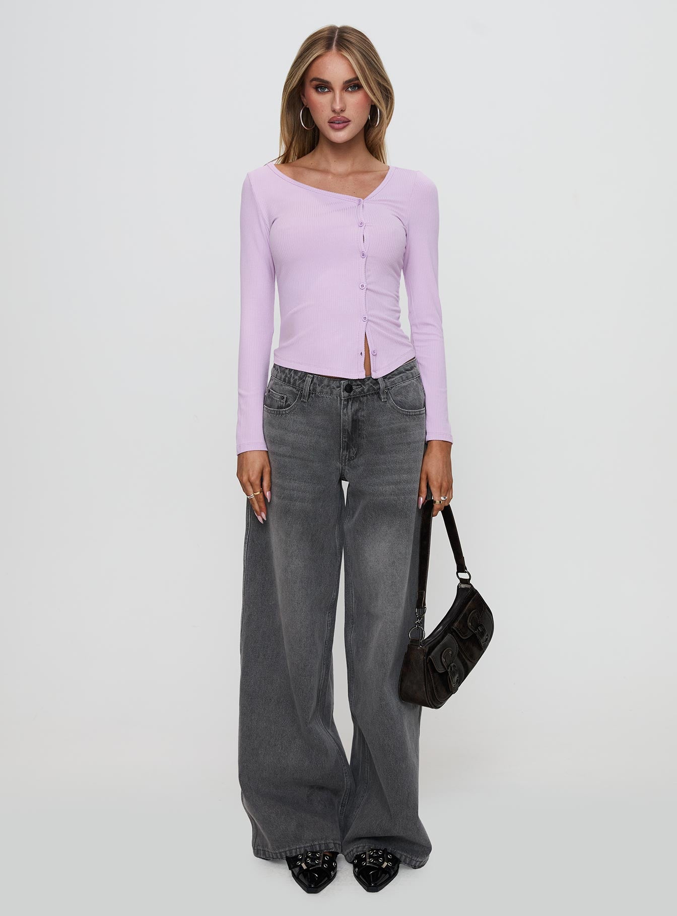 Sadira Long Sleeve Button Up Top Lilac