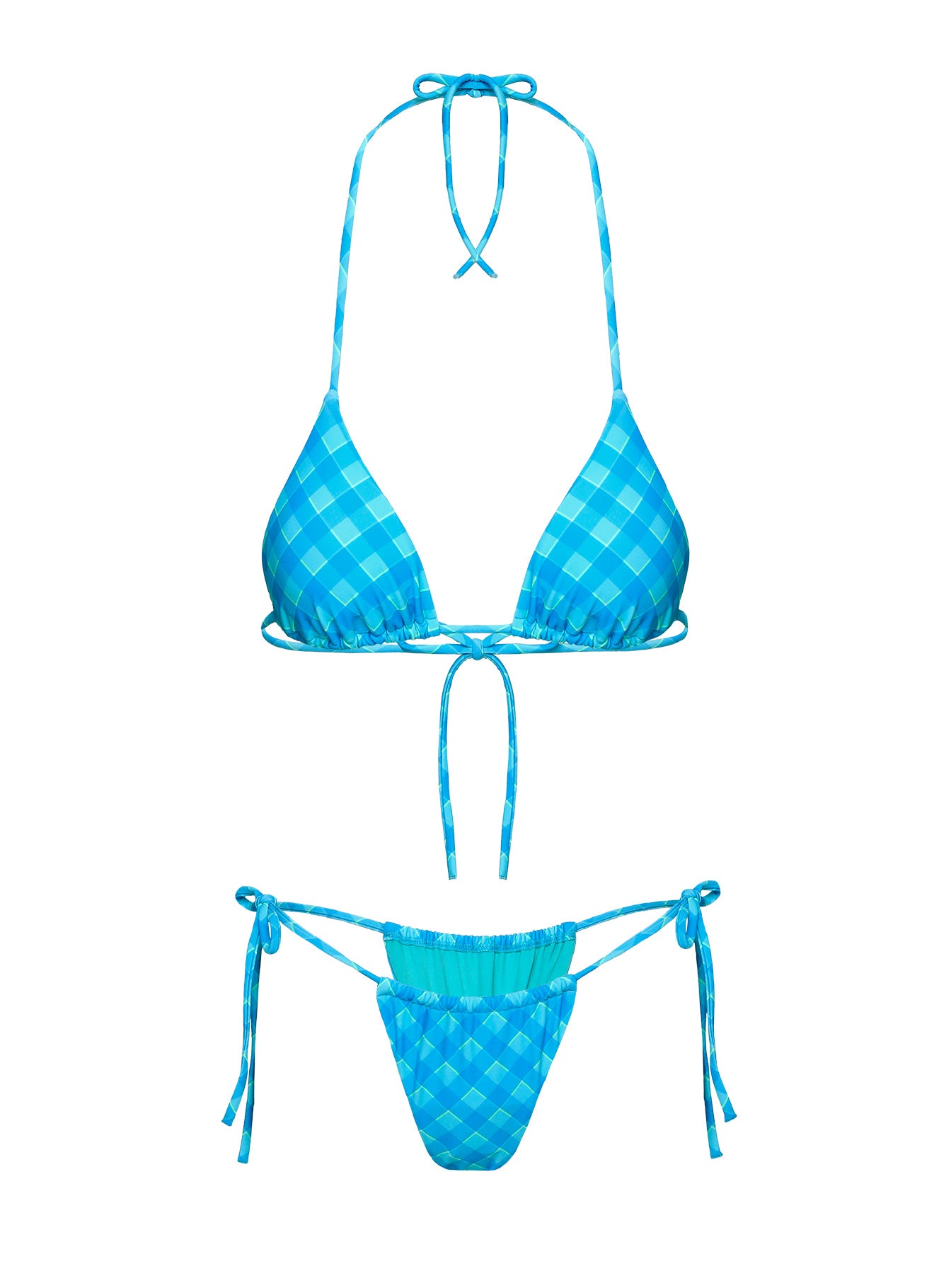 Jenner Tie Side Ruched Bikini Bottom Blue Check