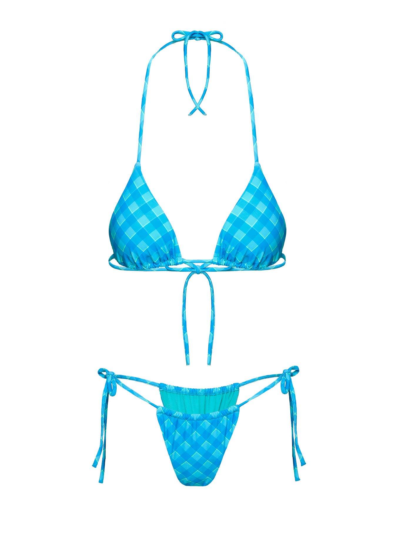 Jenner Tie Side Ruched Bikini Bottom Blue Check