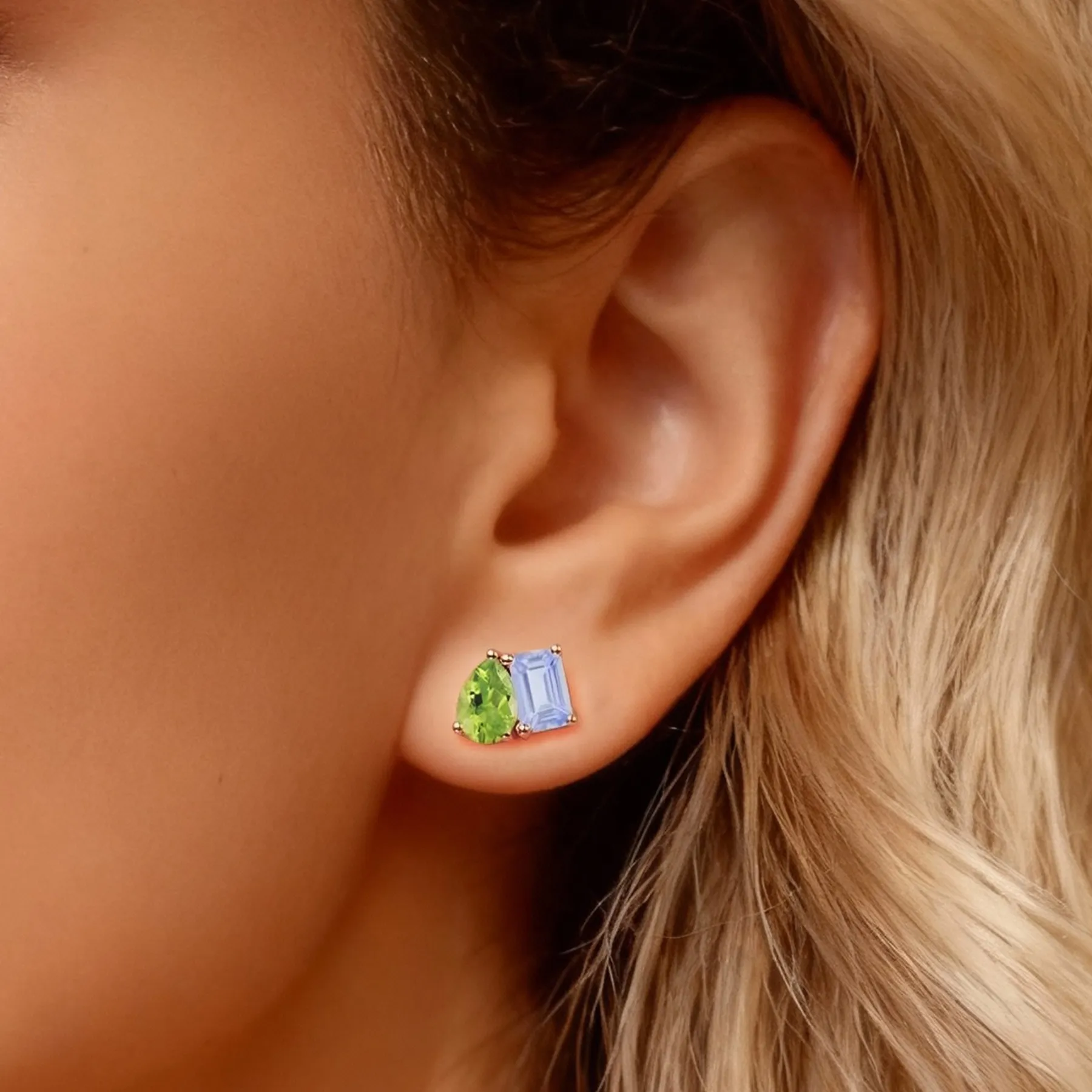 Personalized Toi et Moi Emerald Shape Pear Shape Birthstone Studs