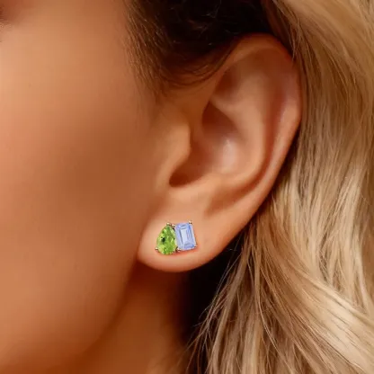 Personalized Toi et Moi Emerald Shape Pear Shape Birthstone Studs