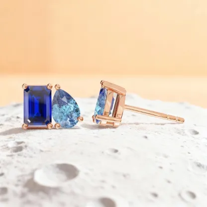 Personalized Toi et Moi Emerald Shape Pear Shape Birthstone Studs