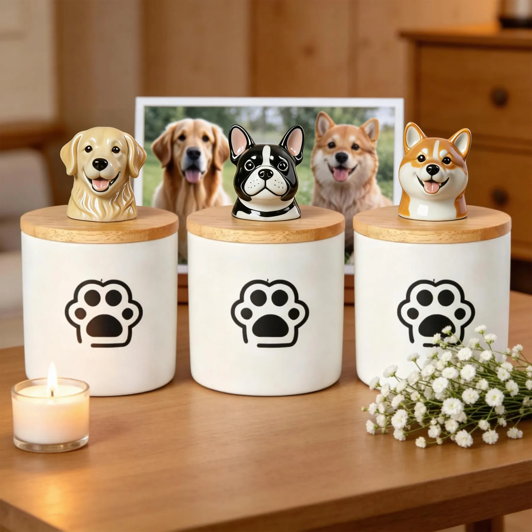 Custom 3D Handmade Ceramic Pet Head Urn with Paw Pattern