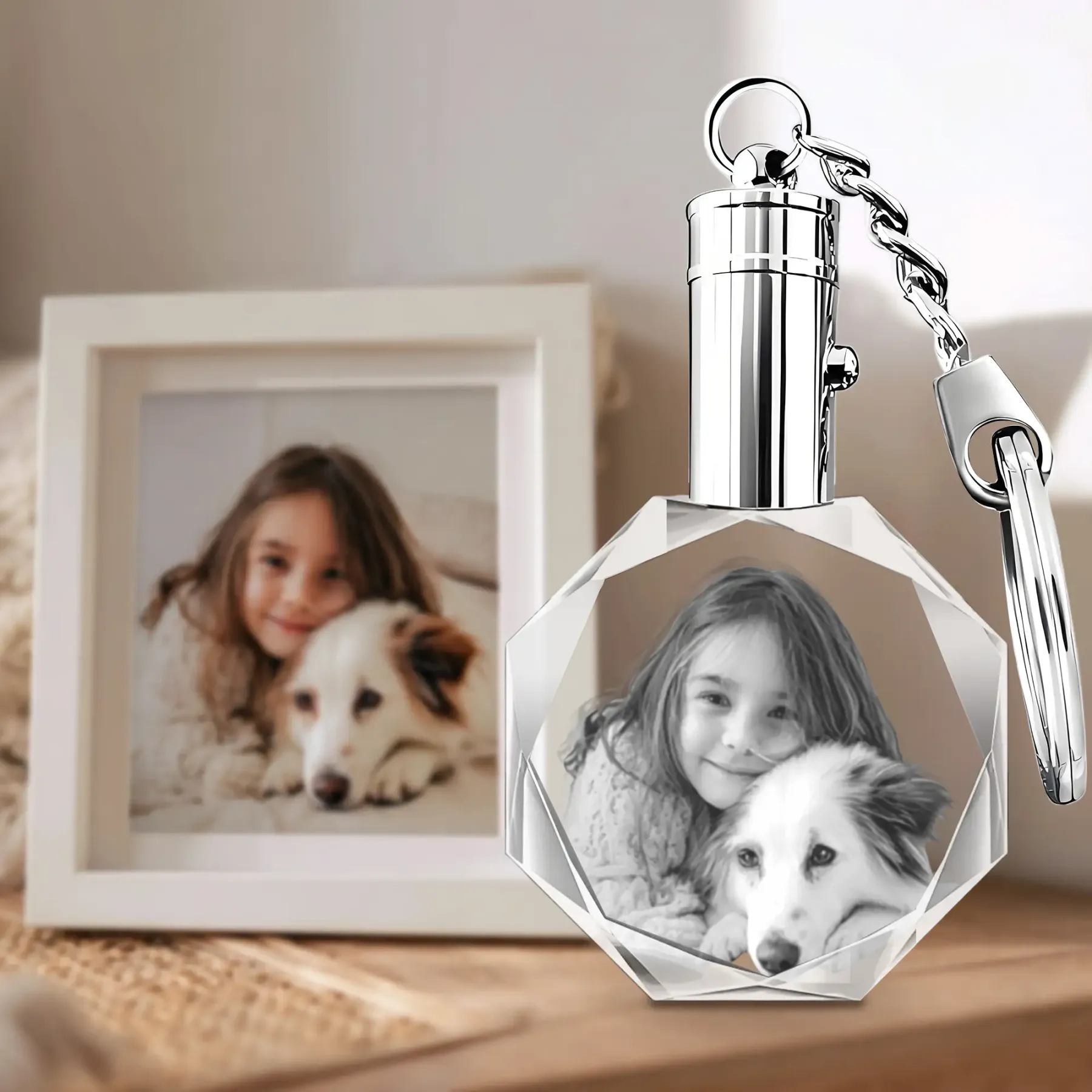 Custom Octagon Crystal Photo Keychain