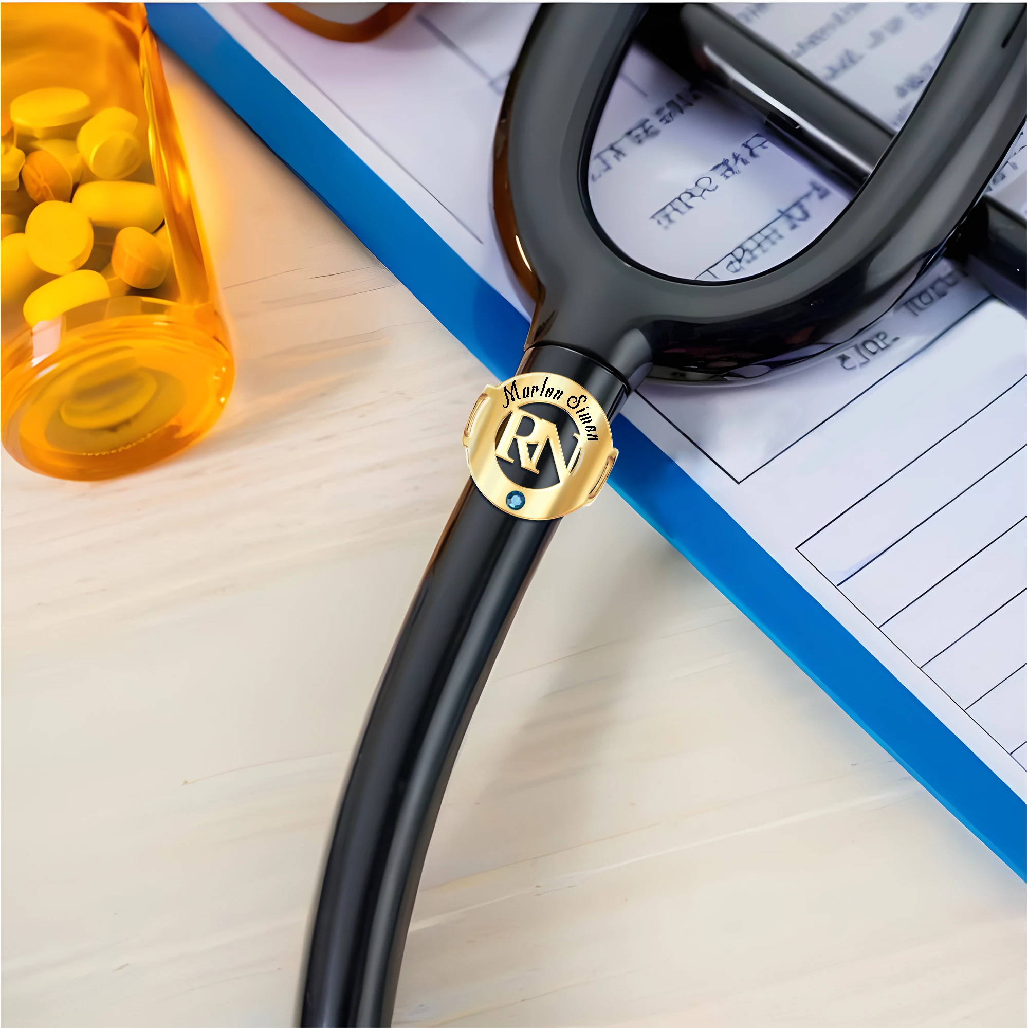 Personalized Stethoscope Name Tag with Title and Birthstone for Nurses Doctors Medical Staff