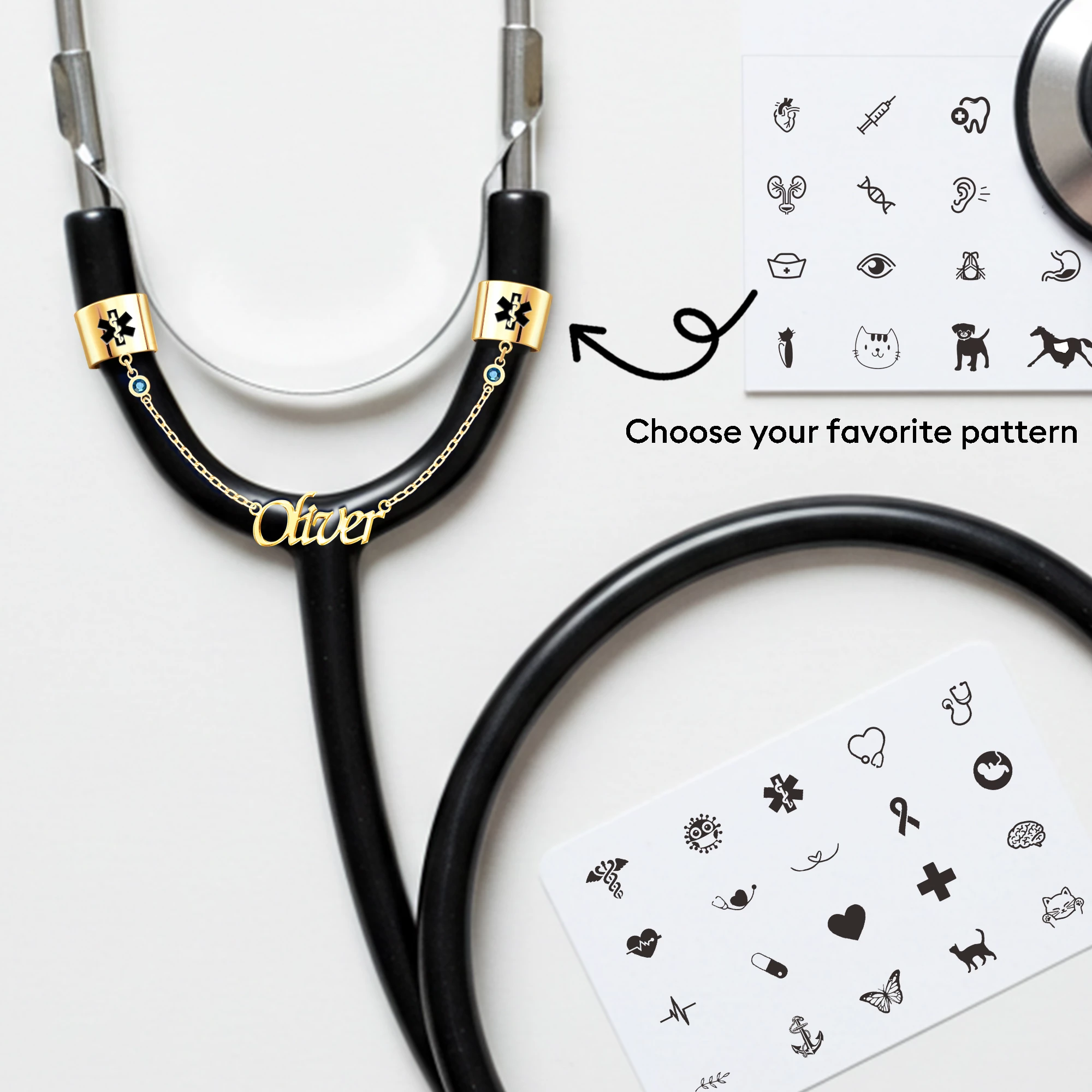 Custom Double Stethoscope Name Tag with Pattern and Birthstone for Nurses Doctors Medical Staff