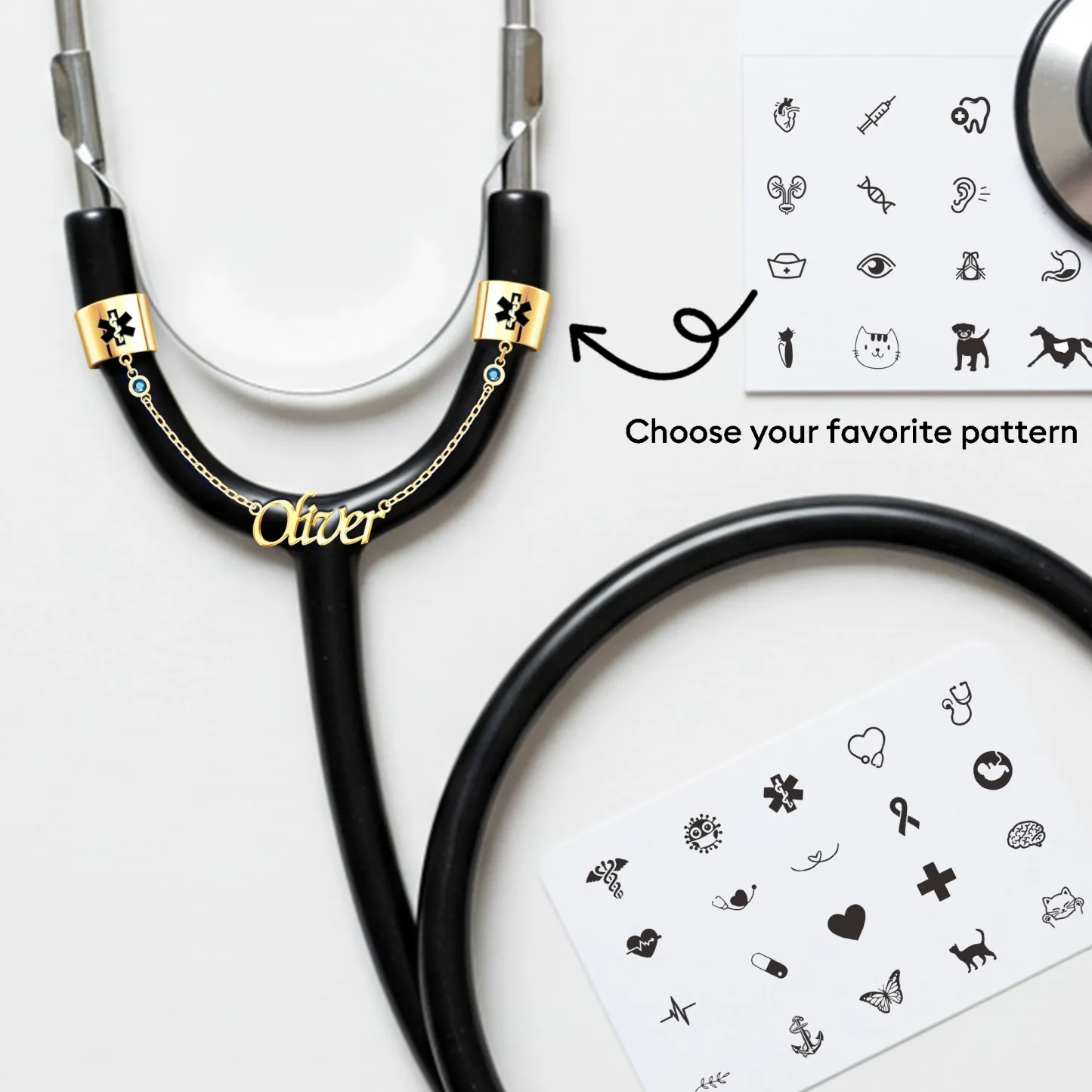 Custom Double Stethoscope Name Tag with Pattern and Birthstone for Nurses Doctors Medical Staff