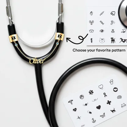 Custom Double Stethoscope Name Tag with Pattern and Birthstone for Nurses Doctors Medical Staff
