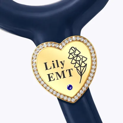 Custom Heart Shape Pavé Stethoscope Charm with Name Birthstone & Birthflower for Nurses Doctors Medical Staff
