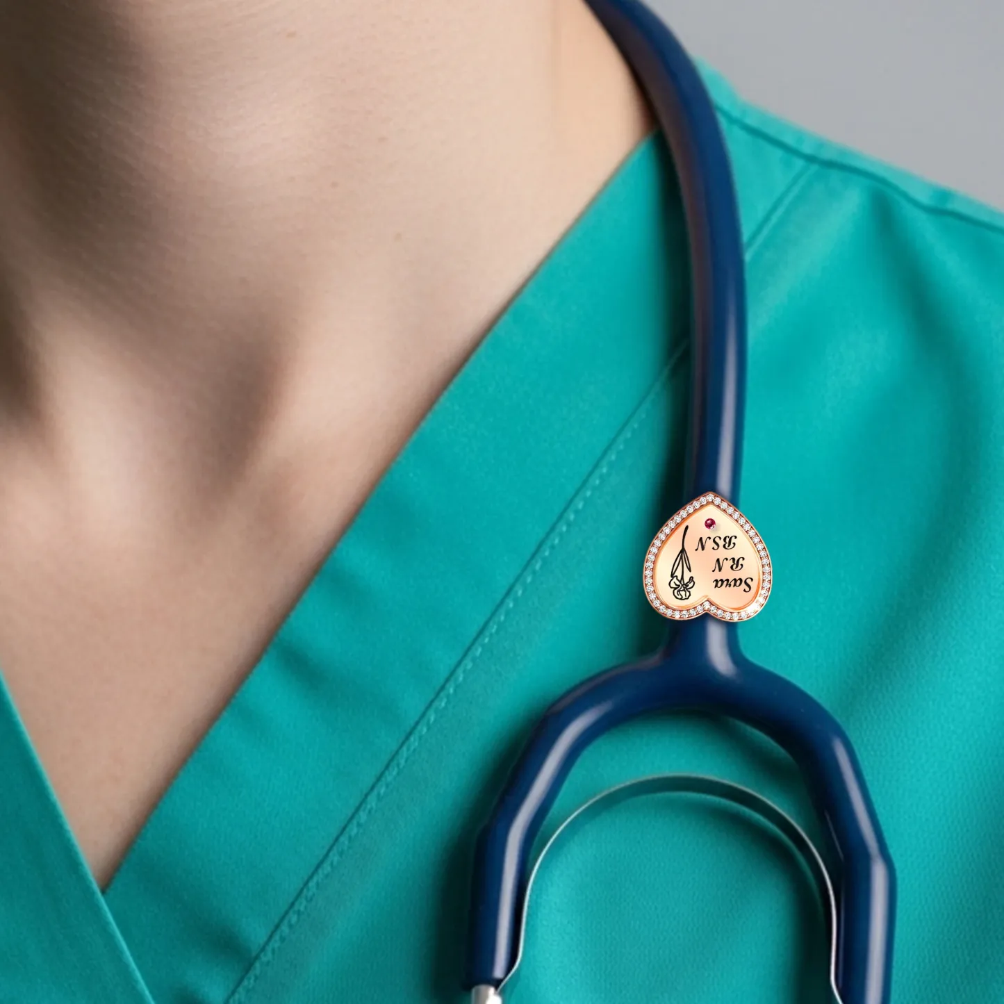 Custom Heart Shape Pavé Stethoscope Charm with Name Birthstone & Birthflower for Nurses Doctors Medical Staff