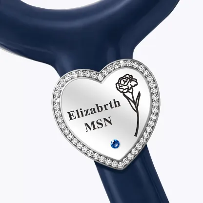 Custom Heart Shape Pavé Stethoscope Charm with Name Birthstone & Birthflower for Nurses Doctors Medical Staff
