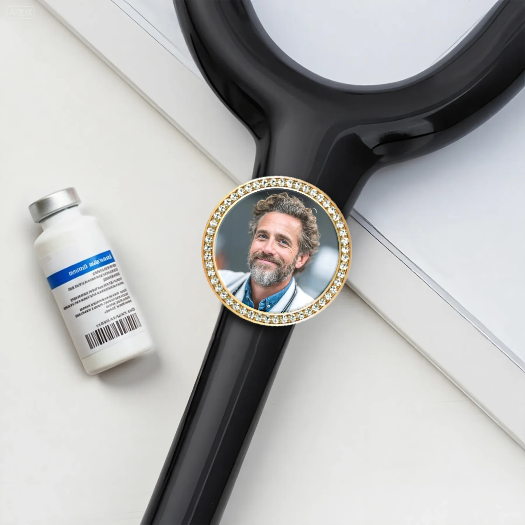 Custom Round Shape Pavé Stethoscope Charm with Photo for Nurses Doctors Medical Staff