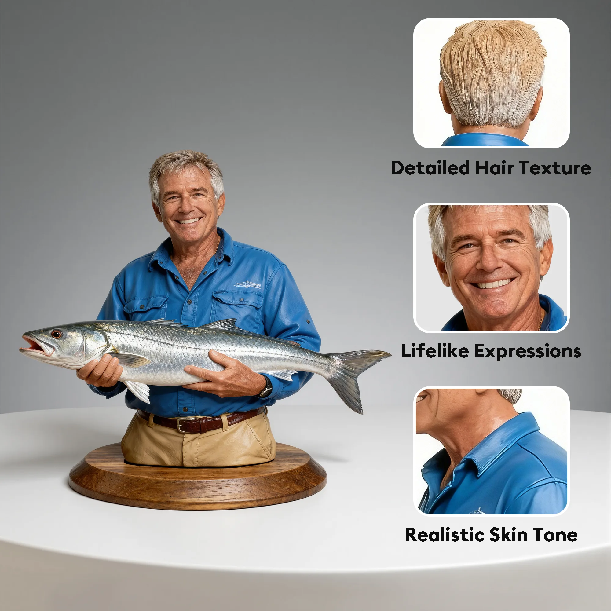 Personalized Highly Realistic Full-Color 3D Bust with Arms Fishing Enthusiast Figurine