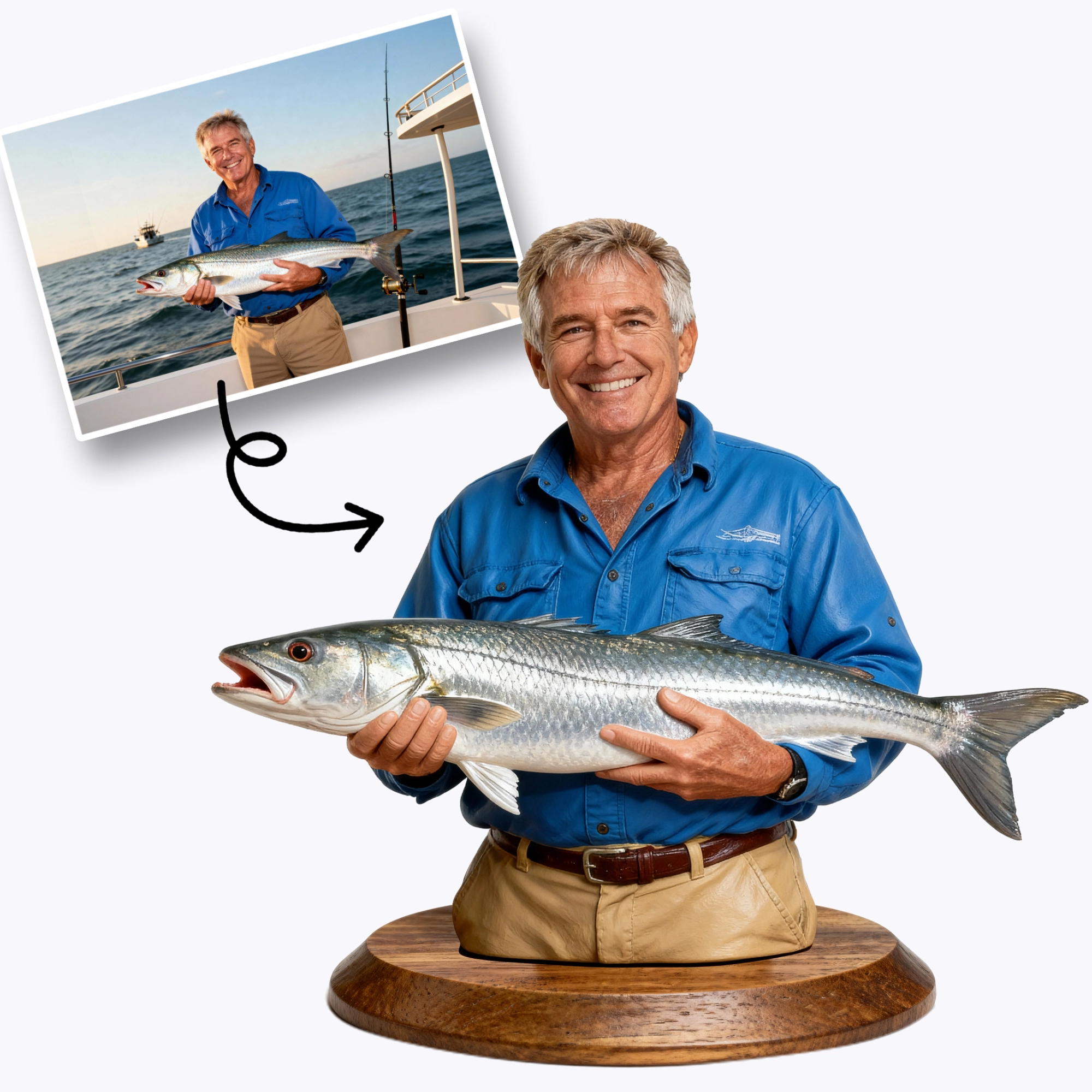 Personalized Highly Realistic Full-Color 3D Bust with Arms Fishing Enthusiast Figurine