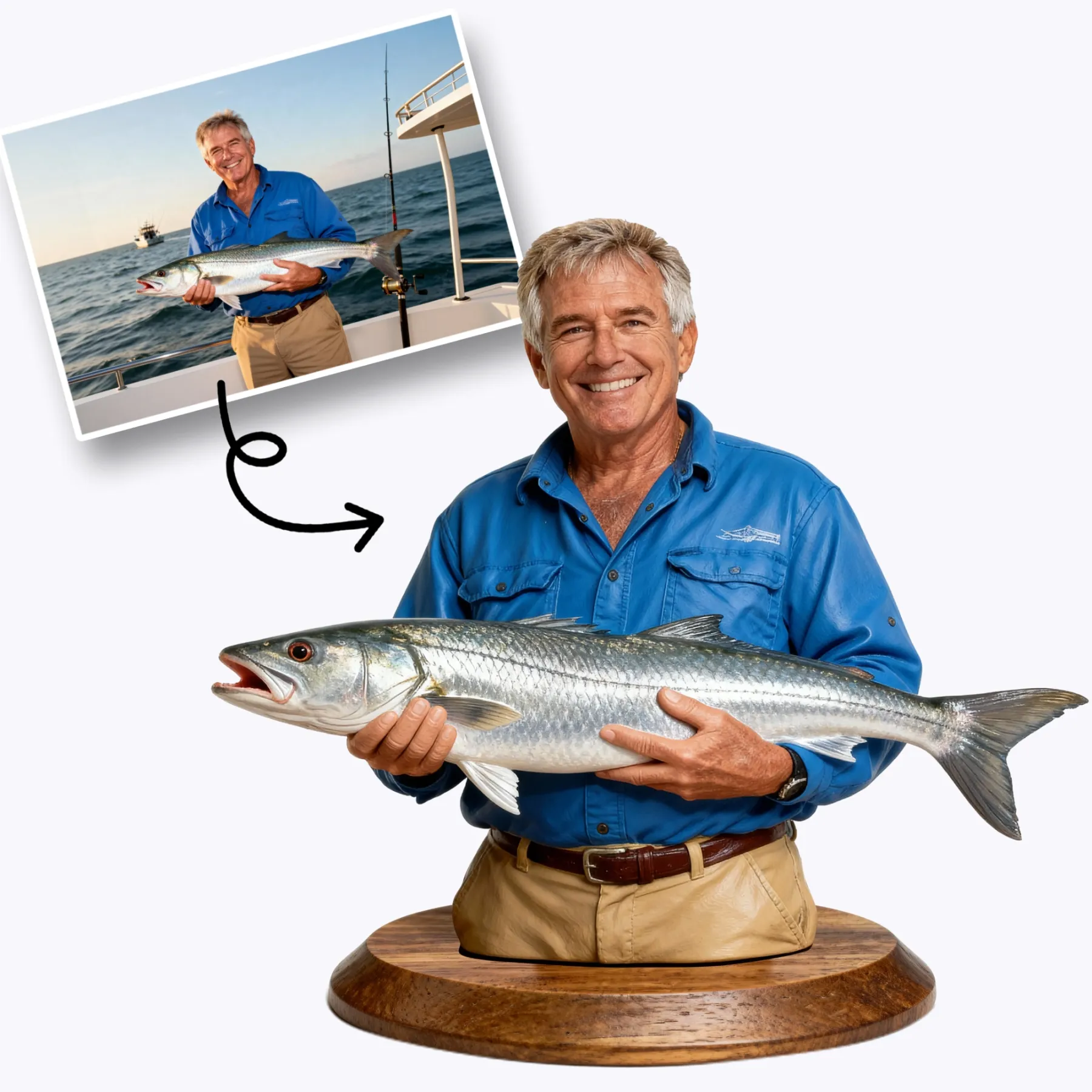 Personalized Highly Realistic Full-Color 3D Bust with Arms Fishing Enthusiast Figurine