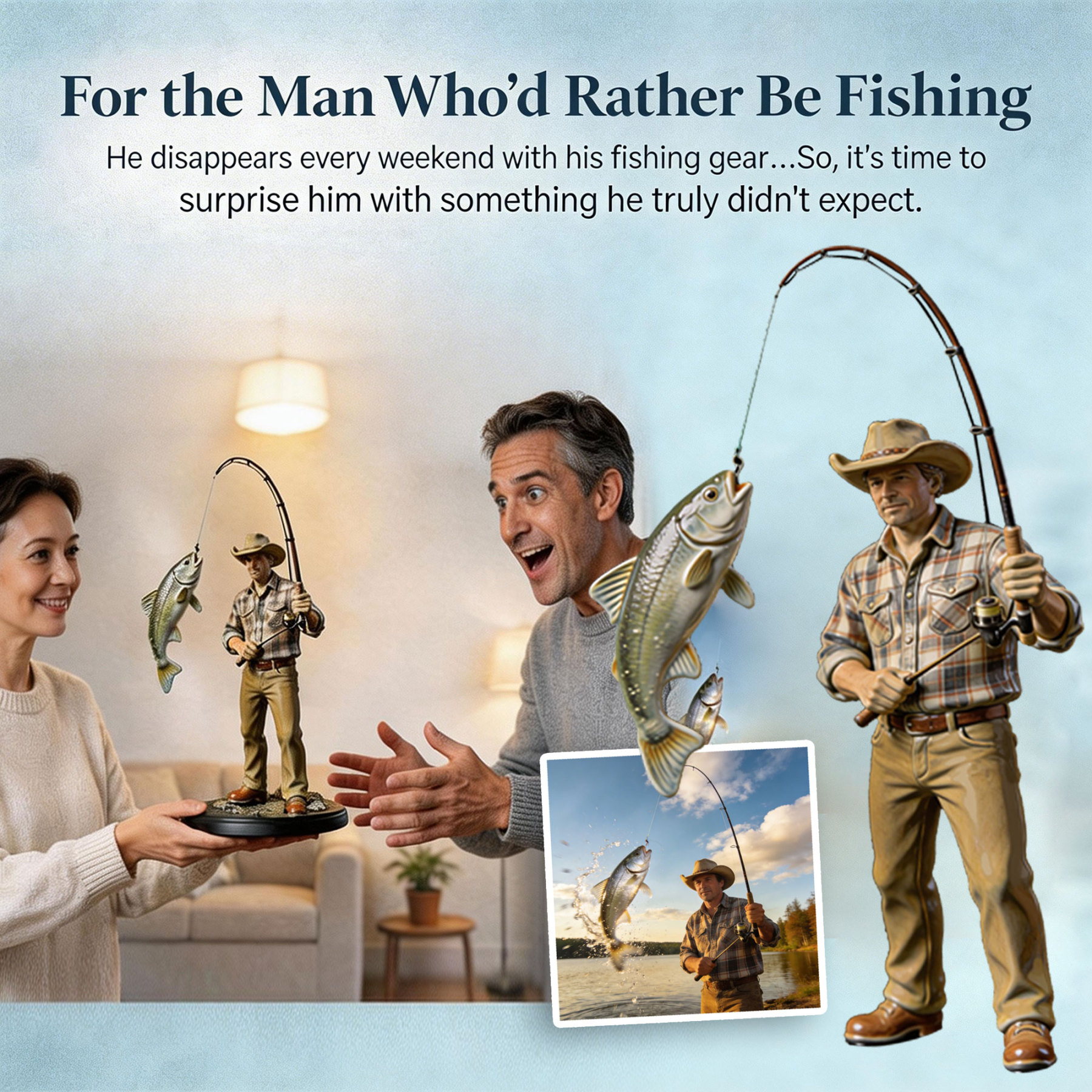 Personalized Highly Realistic Full-Color 3D Full Body Fishing Enthusiast Figurine