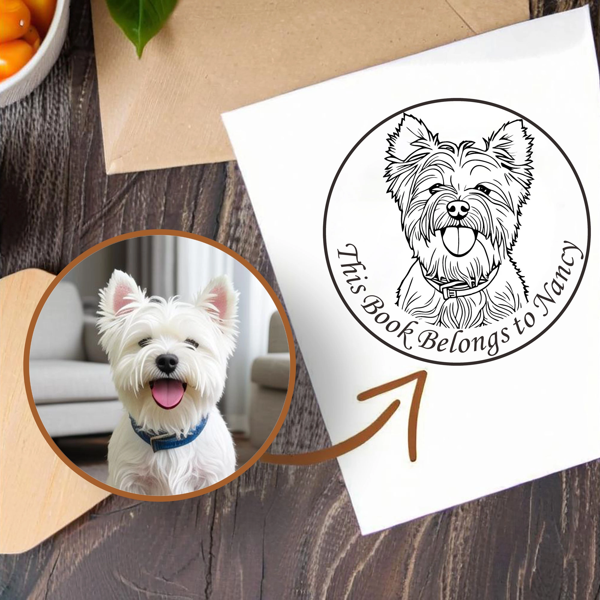 Personalized Pet Portrait Stamp with Text Wood Handle Stamp Self Inking