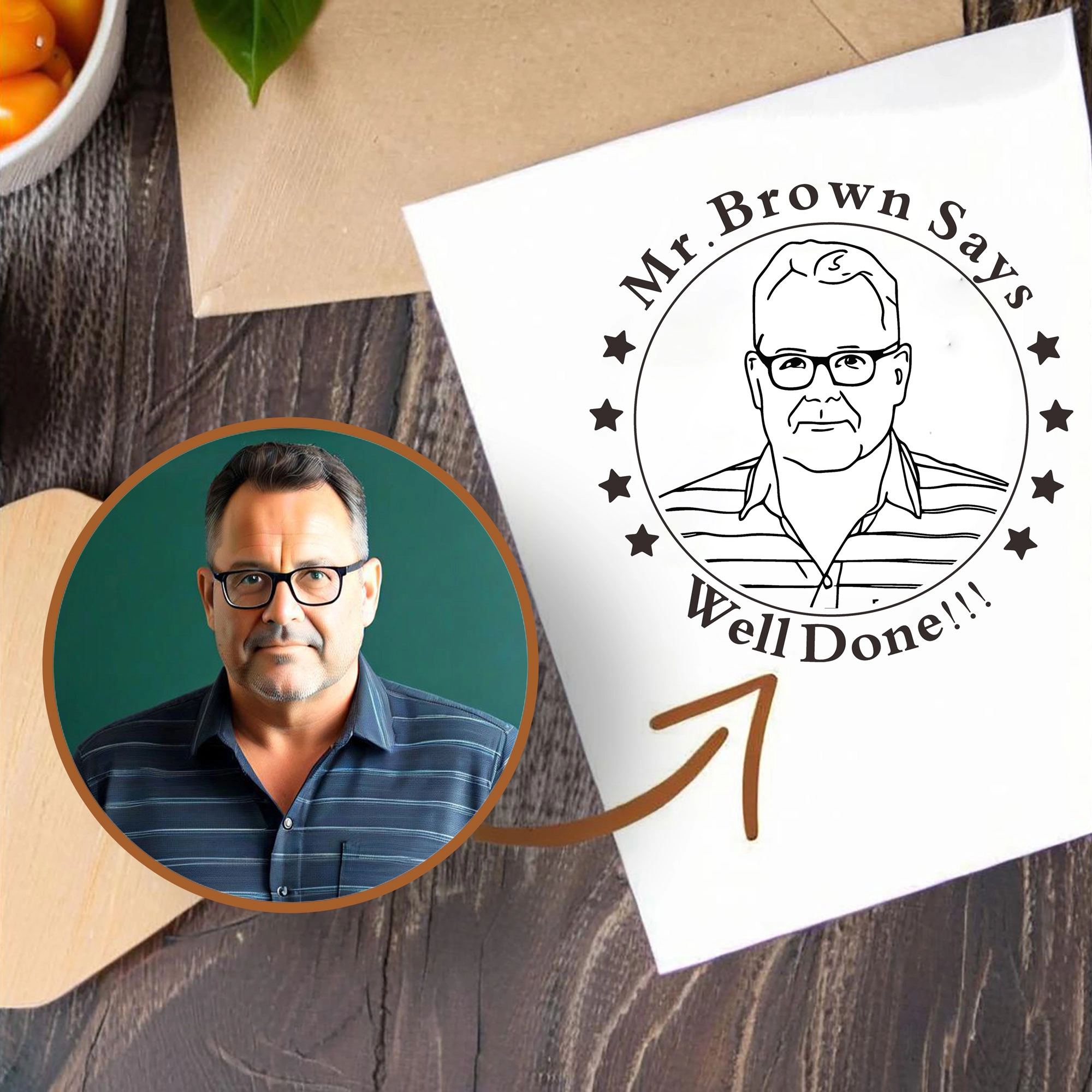 Custom Portrait Stamp with Text For Teacher with Text Wood Handle Stamp Self-inking Stamp