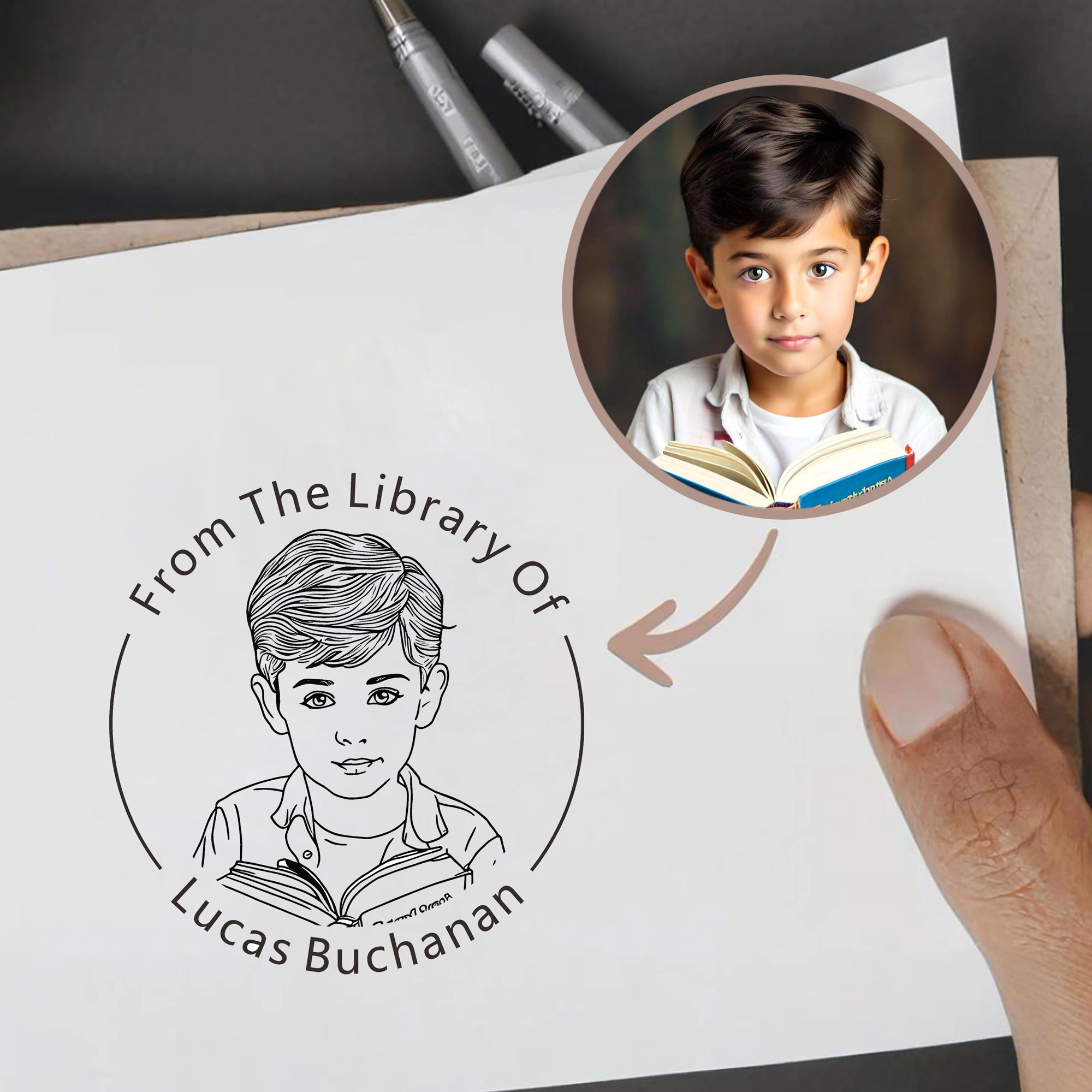 Custom Portrait From The Library Of Stamp with Text Wood Handle Stamp Self-inking Stamp