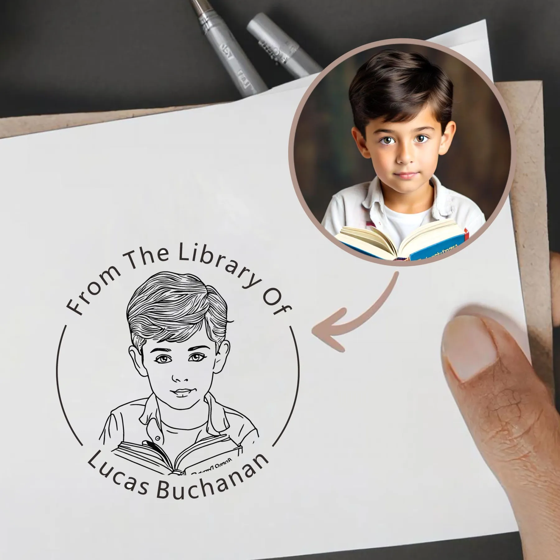 Custom Portrait From The Library Of Stamp with Text Wood Handle Stamp Self-inking Stamp