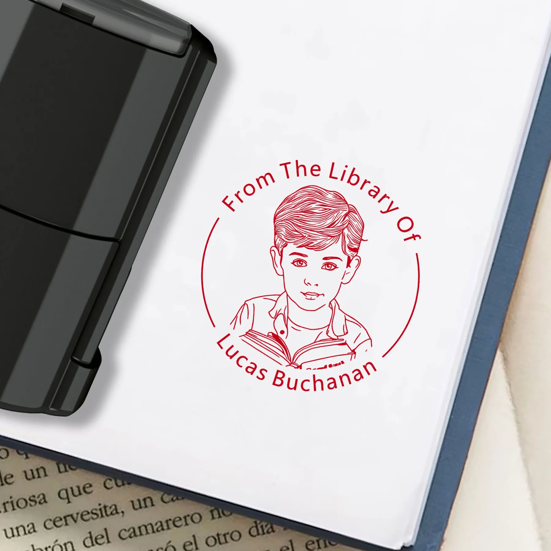 Custom Portrait From The Library Of Stamp with Text Wood Handle Stamp Self-inking Stamp