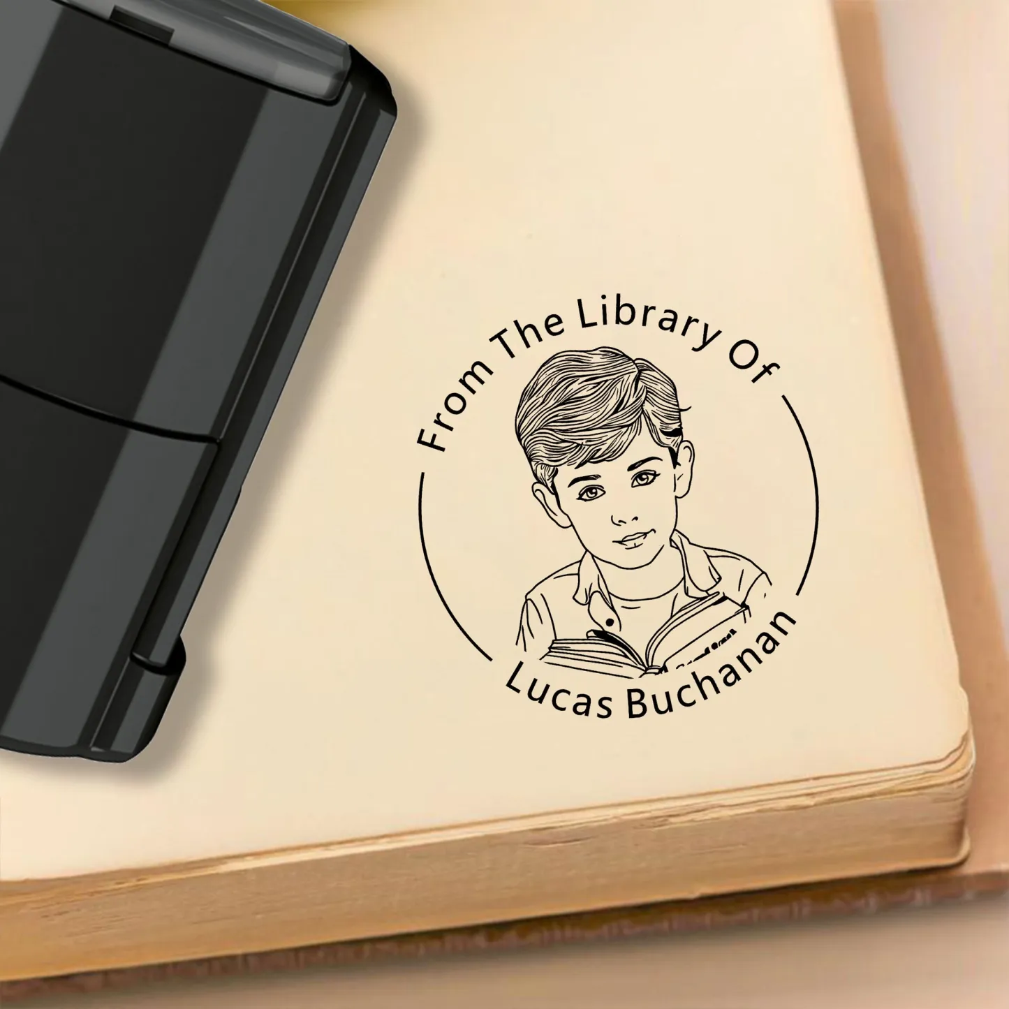Custom Portrait From The Library Of Stamp with Text Wood Handle Stamp Self-inking Stamp
