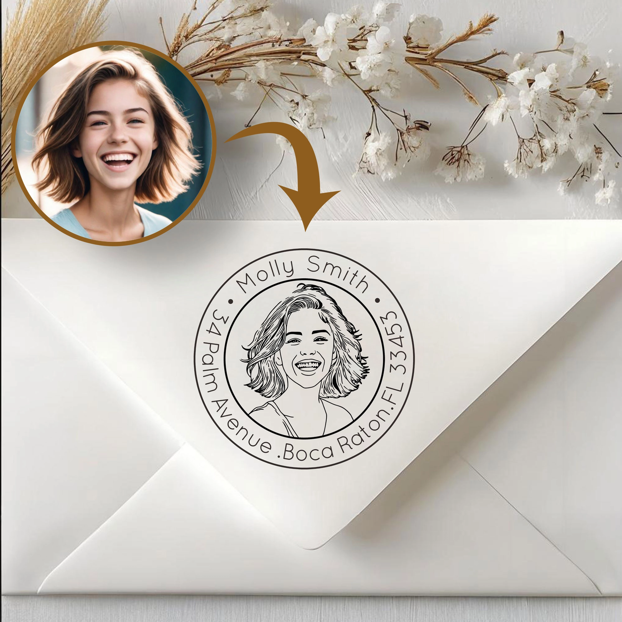 Custom Portrait Stamp with Circular Text Wood Handle Stamp Self-inking Stamp