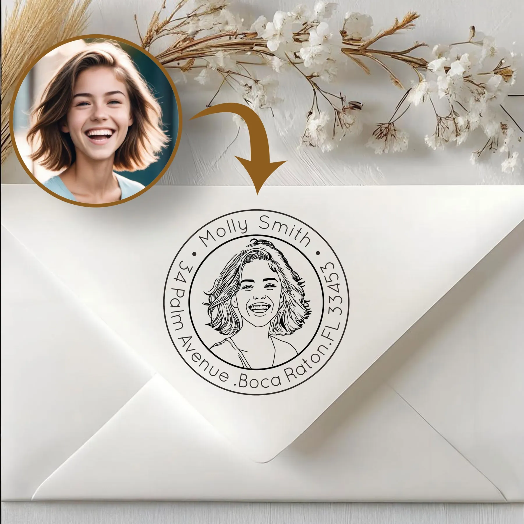 Custom Portrait Stamp with Circular Text Wood Handle Stamp Self-inking Stamp