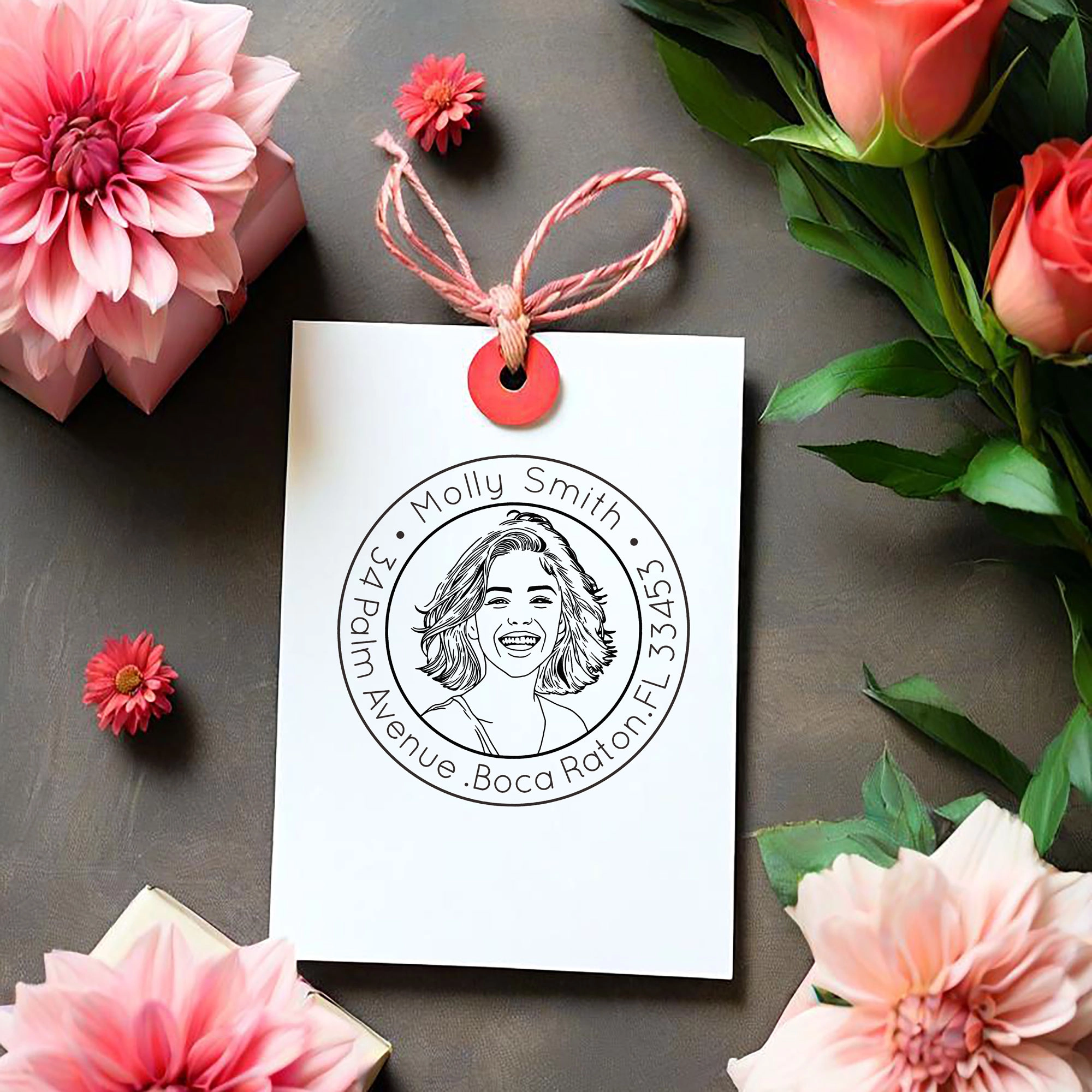 Custom Portrait Stamp with Circular Text Wood Handle Stamp Self-inking Stamp