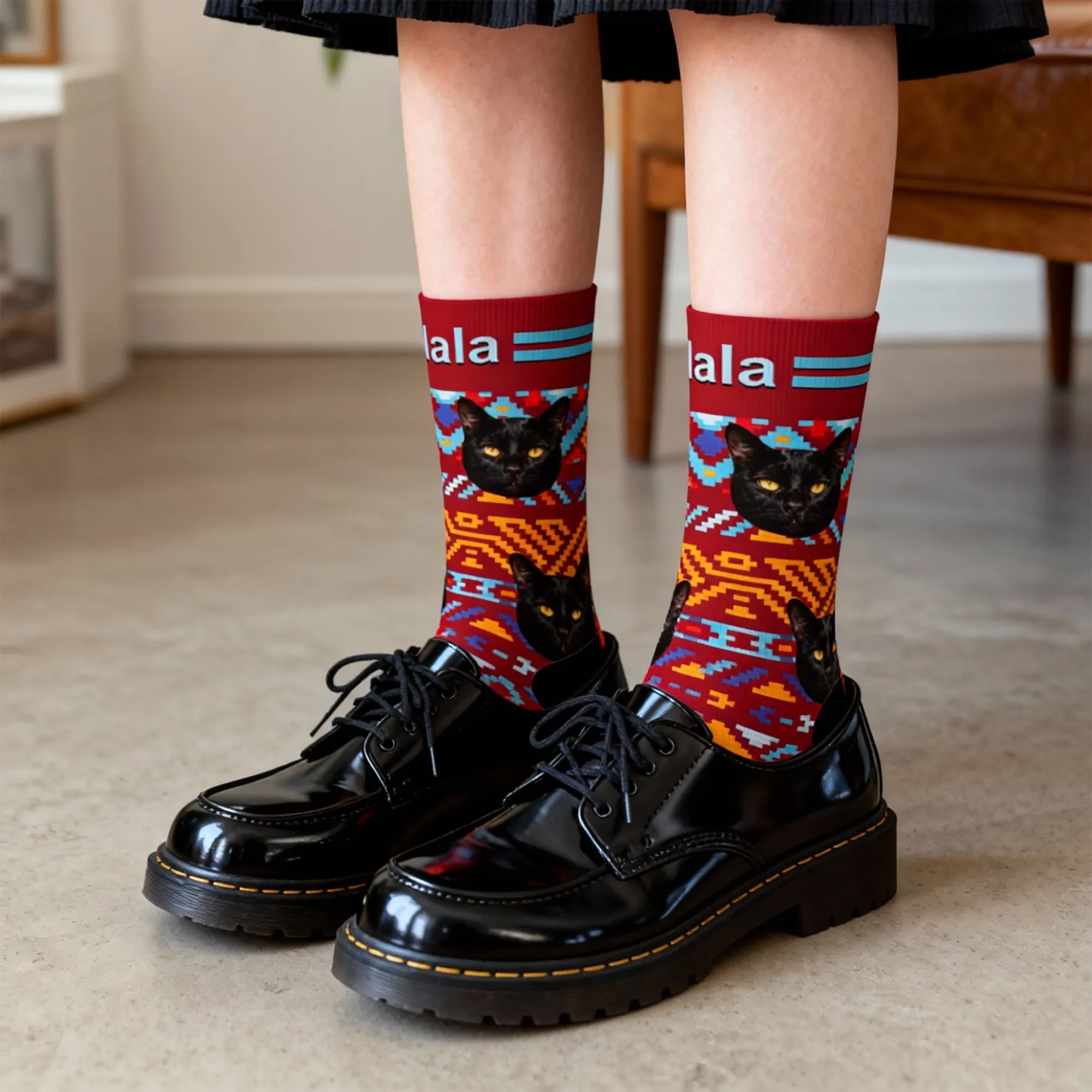 Custom Pet Face Retro Ethnic Geometric Printed Socks