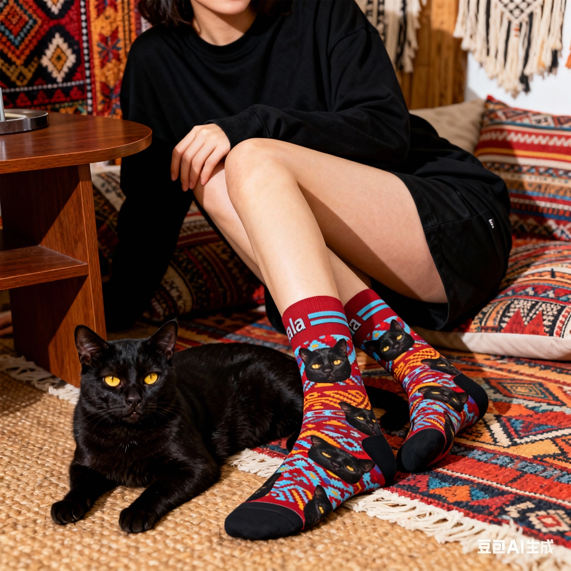 Custom Pet Face Retro Ethnic Geometric Printed Socks