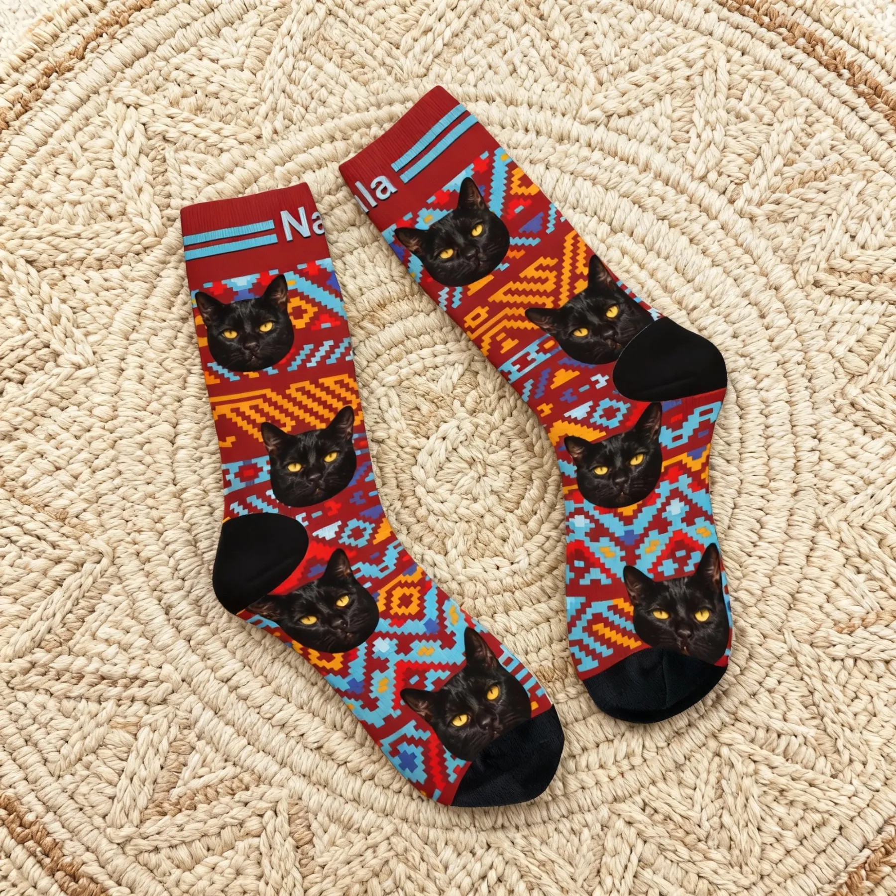 Custom Pet Face Retro Ethnic Geometric Printed Socks
