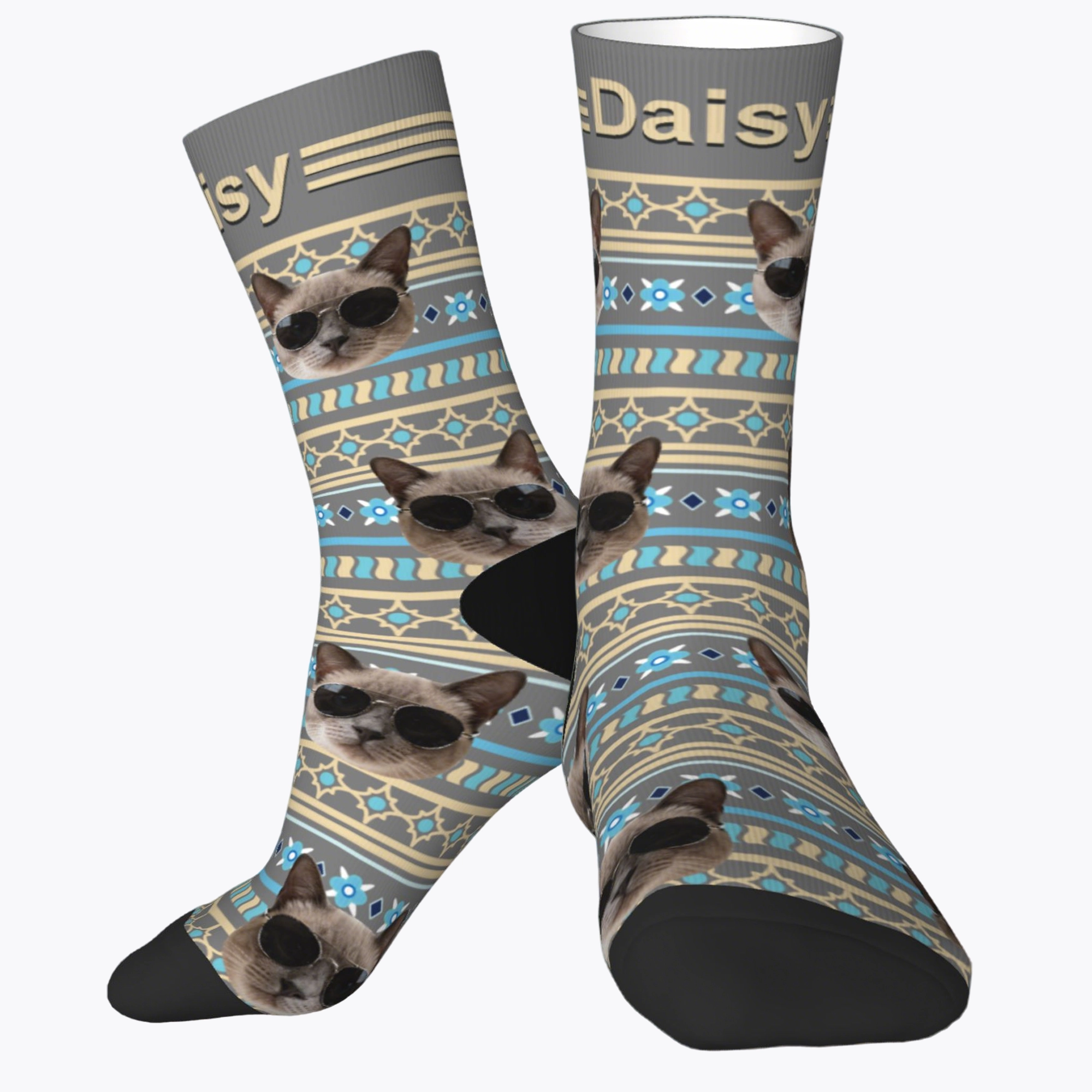 Custom Pet Face Retro Geometric Striped Vintage Fair Isle Style Socks