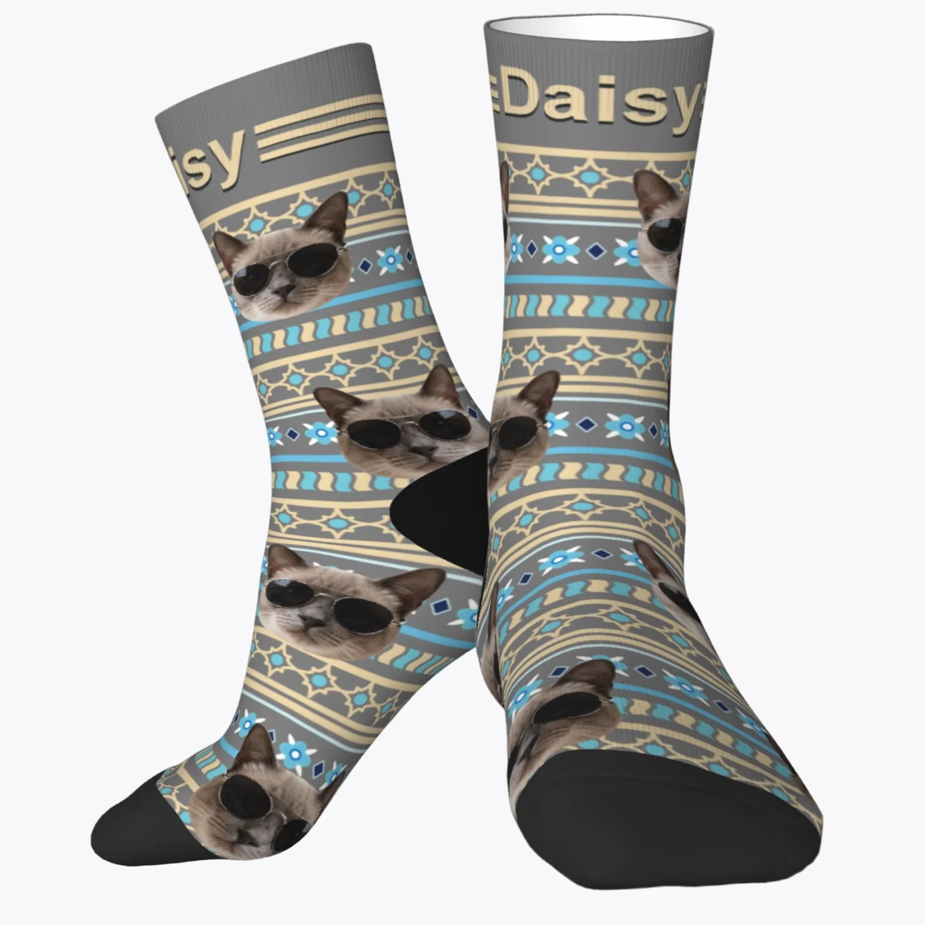 Custom Pet Face Retro Geometric Striped Vintage Fair Isle Style Socks