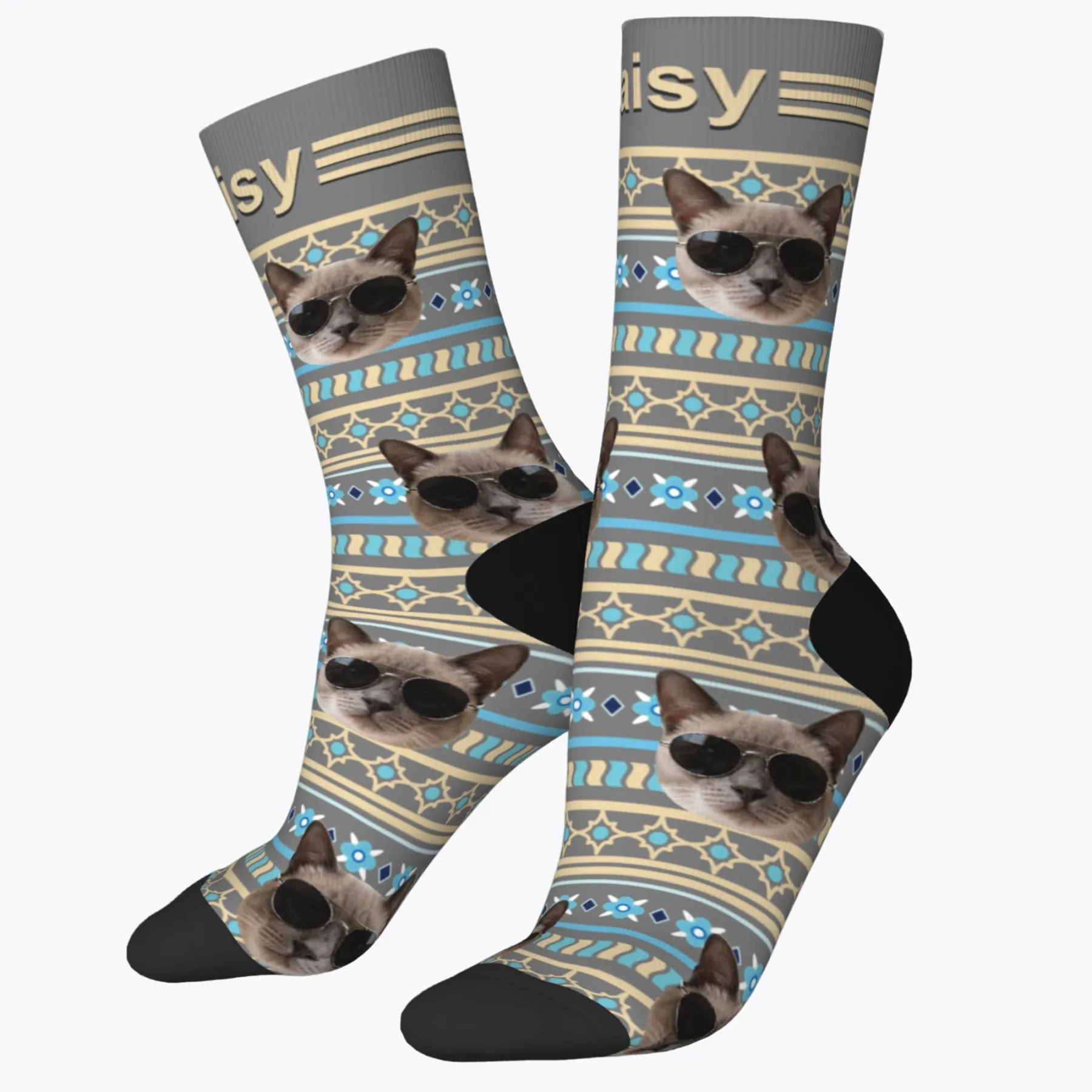 Custom Pet Face Retro Geometric Striped Vintage Fair Isle Style Socks