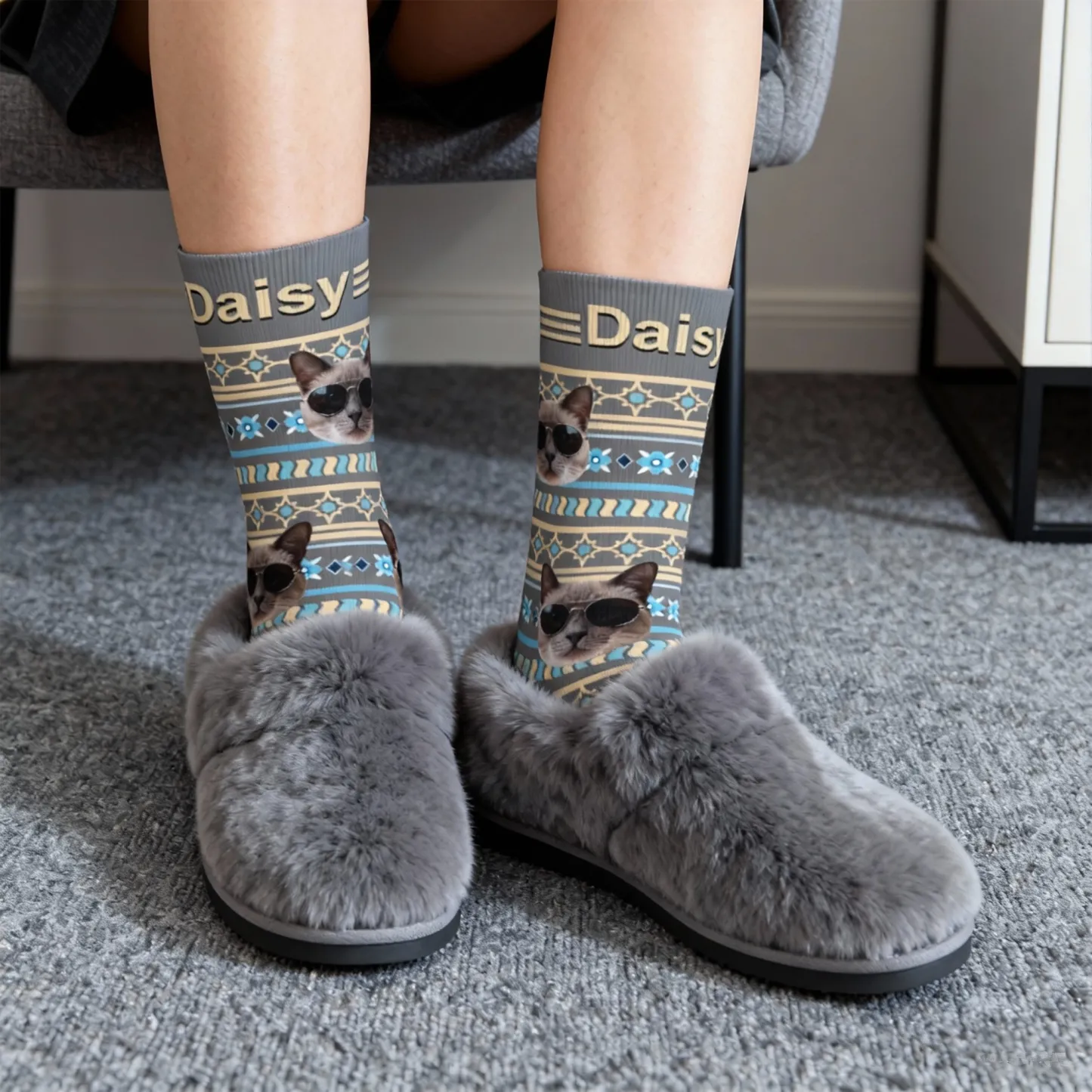 Custom Pet Face Retro Geometric Striped Vintage Fair Isle Style Socks