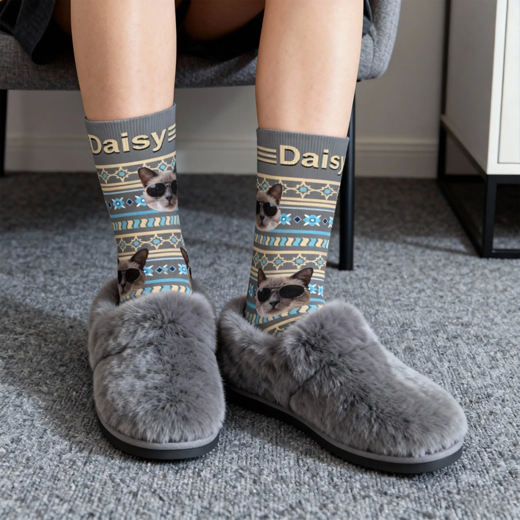 Custom Pet Face Retro Geometric Striped Vintage Fair Isle Style Socks