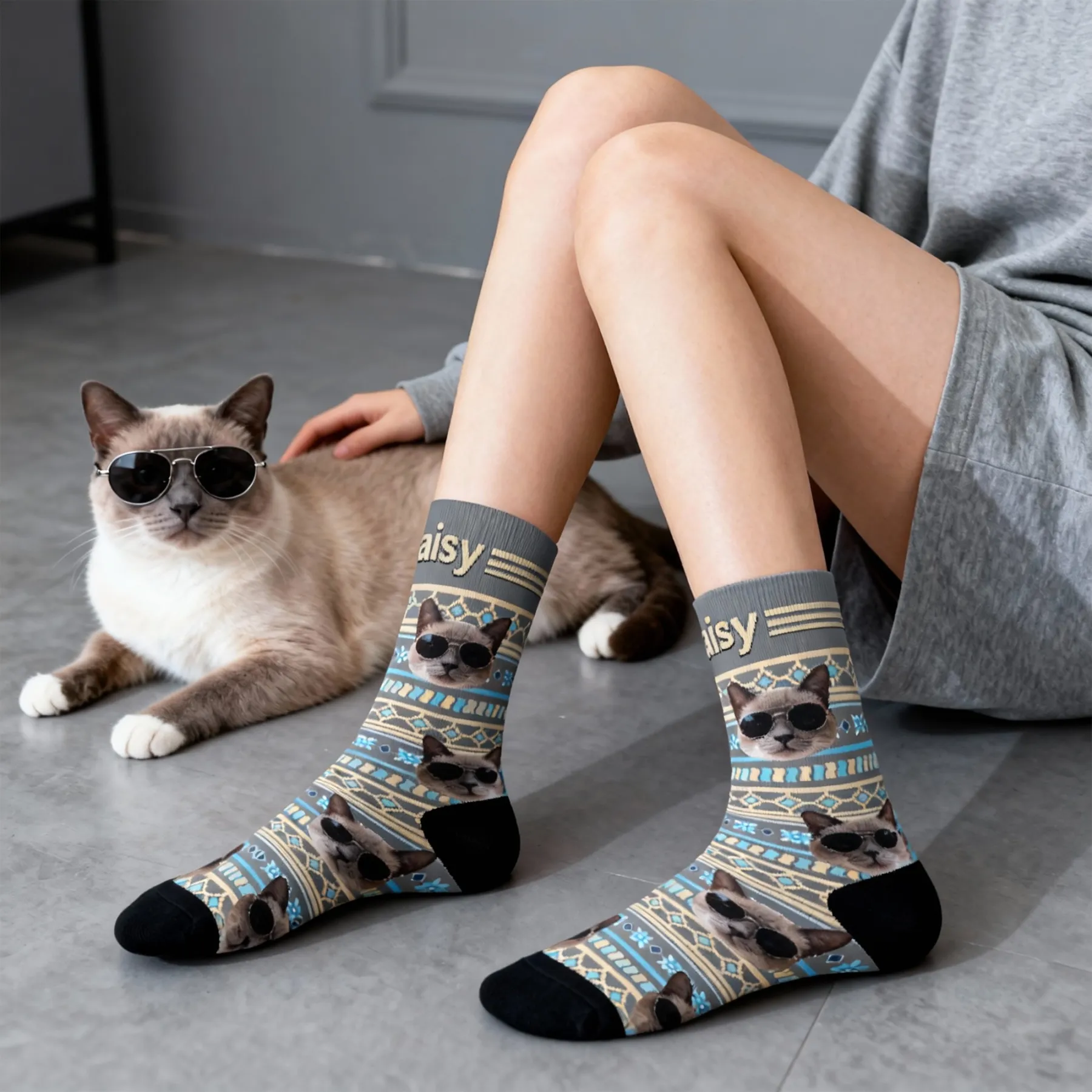 Custom Pet Face Retro Geometric Striped Vintage Fair Isle Style Socks