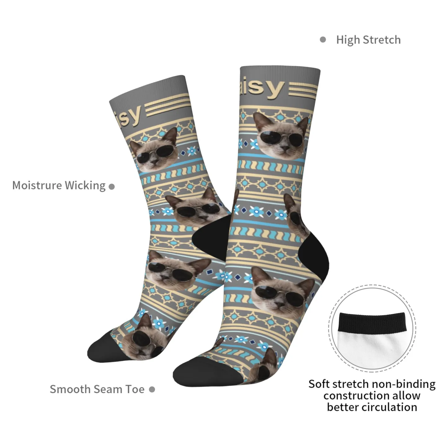 Custom Pet Face Retro Geometric Striped Vintage Fair Isle Style Socks