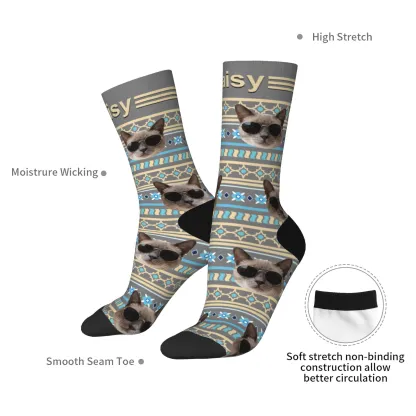 Custom Pet Face Retro Geometric Striped Vintage Fair Isle Style Socks